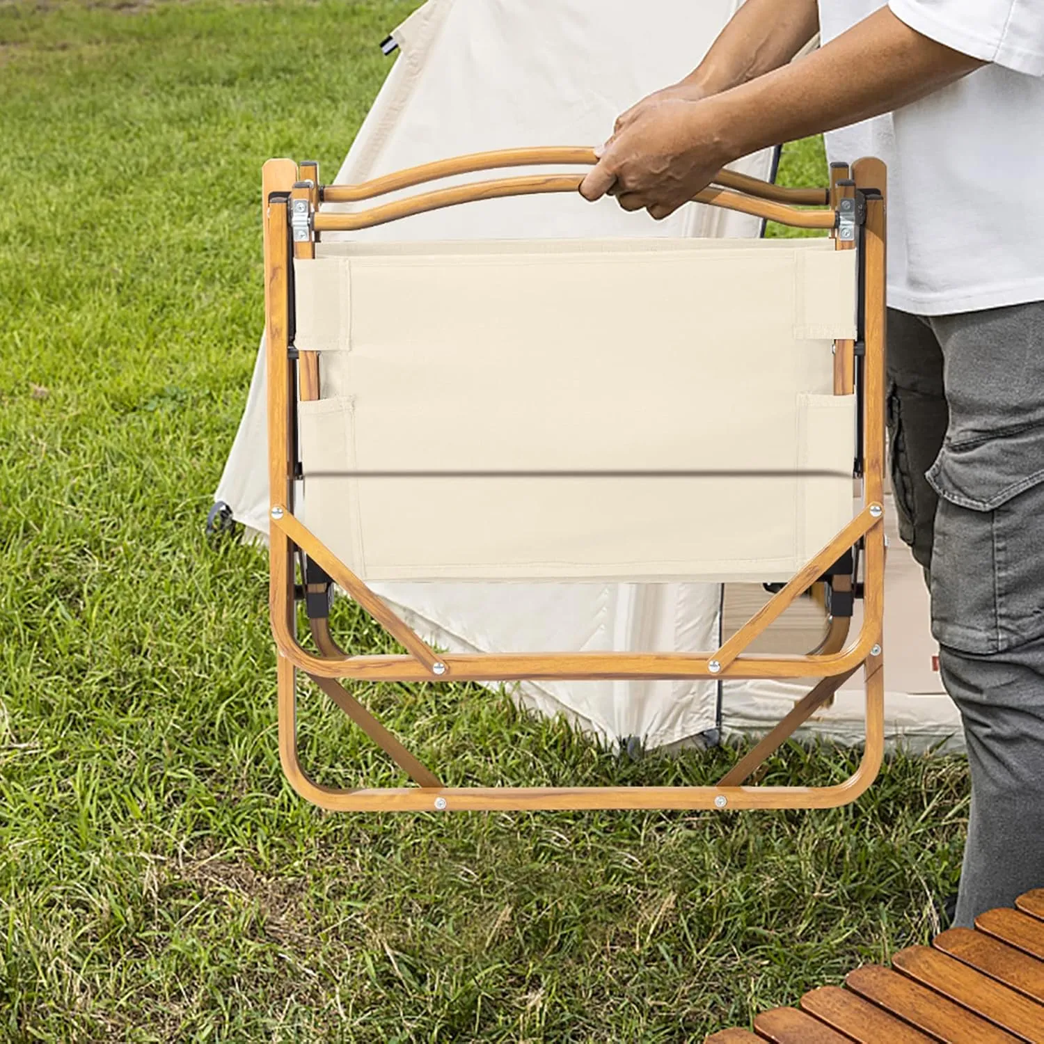 Outvita Portable Folding Camping Chair, Ultralight Low Beach Chair, Durable Aluminum Frame Armchairs for Hiking Concert Fishing Picnic, Supports 220Lbs (Beige Medium)