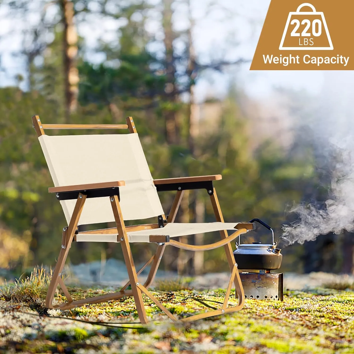 Outvita Portable Folding Camping Chair, Ultralight Low Beach Chair, Durable Aluminum Frame Armchairs for Hiking Concert Fishing Picnic, Supports 220Lbs (Beige Medium)