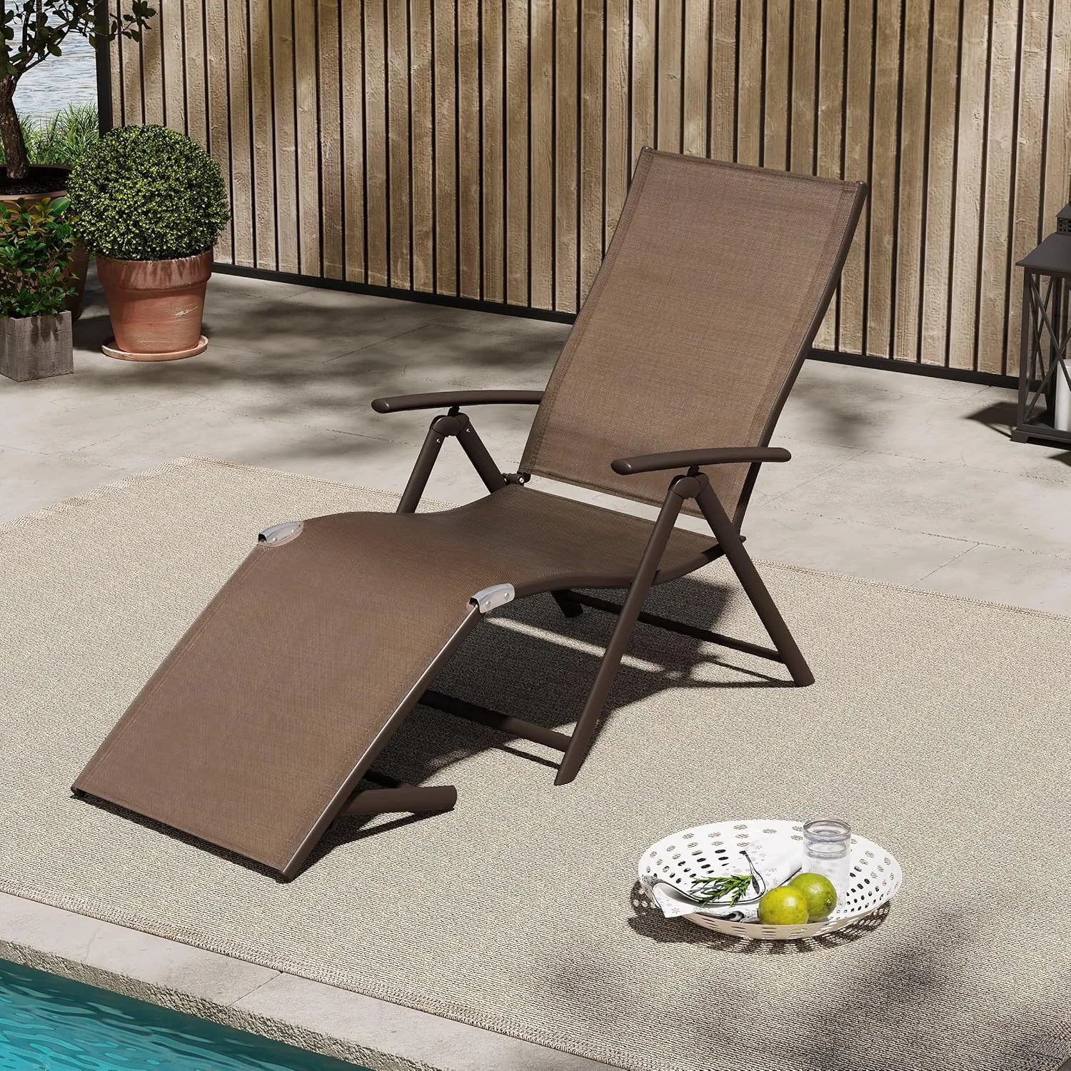 Patio Chaise Lounge Chair, Outdoor Adjustable Folding Lounge Chair, Recliner with 8 Adjustable Backrest Positions for Pool Beach Yard, Brown Textliene & Brown Aluminum Frame