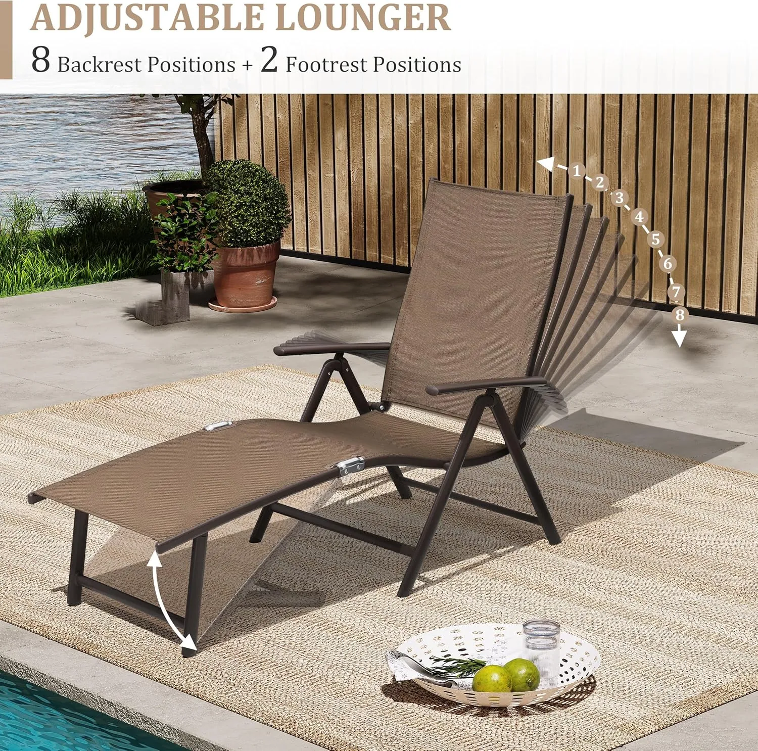 Patio Chaise Lounge Chair, Outdoor Adjustable Folding Lounge Chair, Recliner with 8 Adjustable Backrest Positions for Pool Beach Yard, Brown Textliene & Brown Aluminum Frame