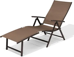Patio Chaise Lounge Chair, Outdoor Adjustable Folding Lounge Chair, Recliner with 8 Adjustable Backrest Positions for Pool Beach Yard, Brown Textliene & Brown Aluminum Frame