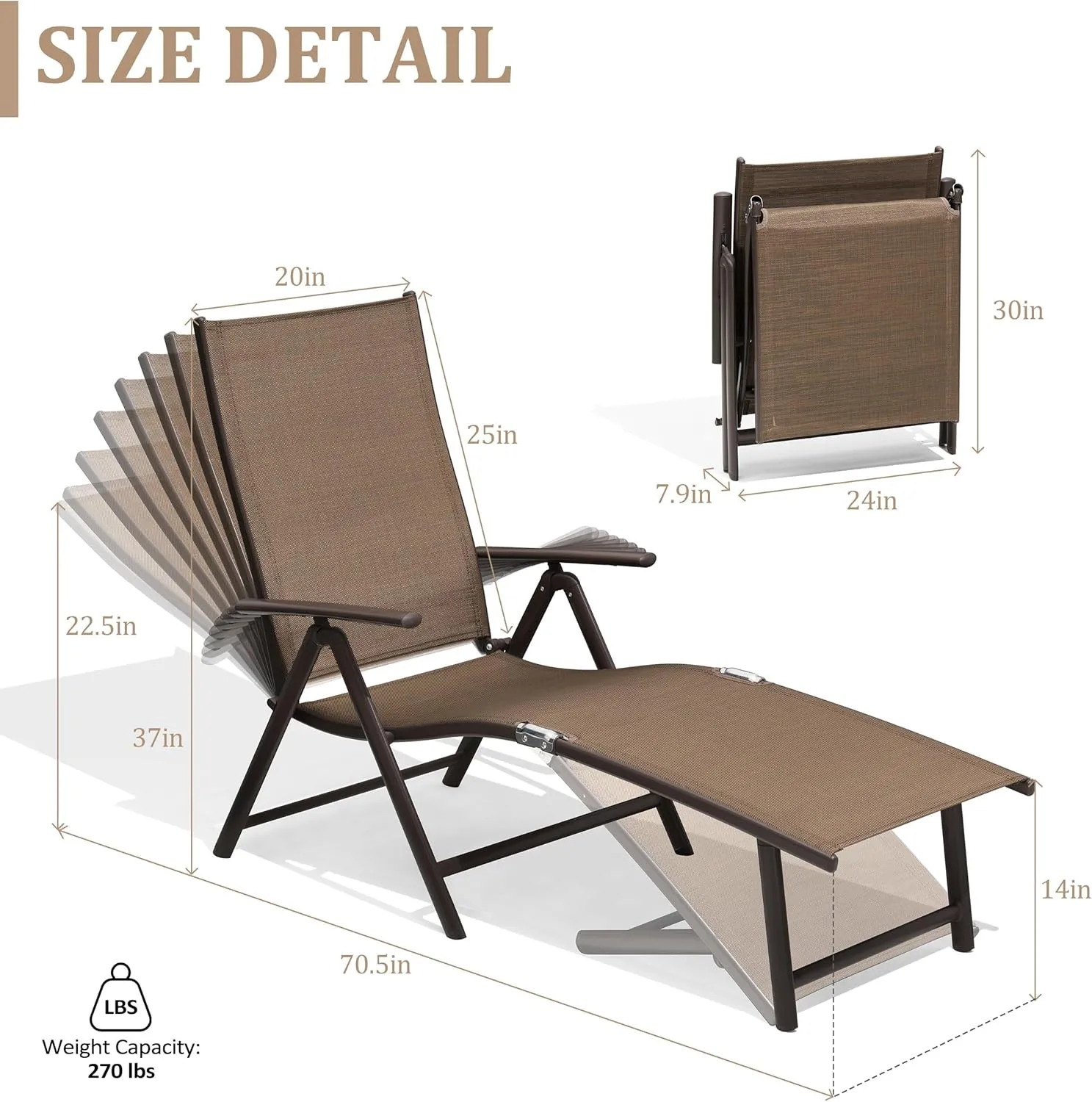 Patio Chaise Lounge Chair, Outdoor Adjustable Folding Lounge Chair, Recliner with 8 Adjustable Backrest Positions for Pool Beach Yard, Brown Textliene & Brown Aluminum Frame