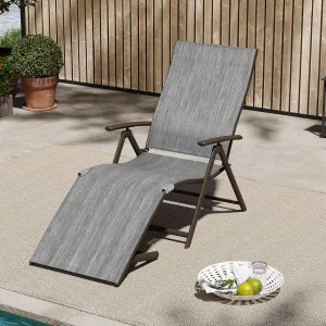 Patio Chaise Lounge Chair, Outdoor Adjustable Folding Lounge Chair, Recliner with 8 Adjustable Backrest Positions for Pool Beach Yard, Dark Gray Textliene & Brown Aluminum Frame