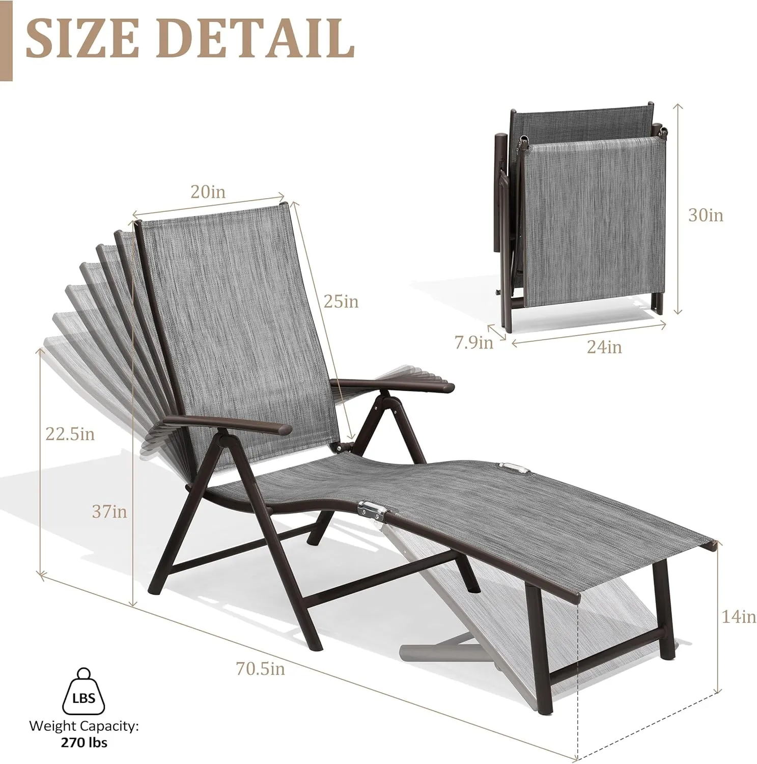Patio Chaise Lounge Chair, Outdoor Adjustable Folding Lounge Chair, Recliner with 8 Adjustable Backrest Positions for Pool Beach Yard, Dark Gray Textliene & Brown Aluminum Frame