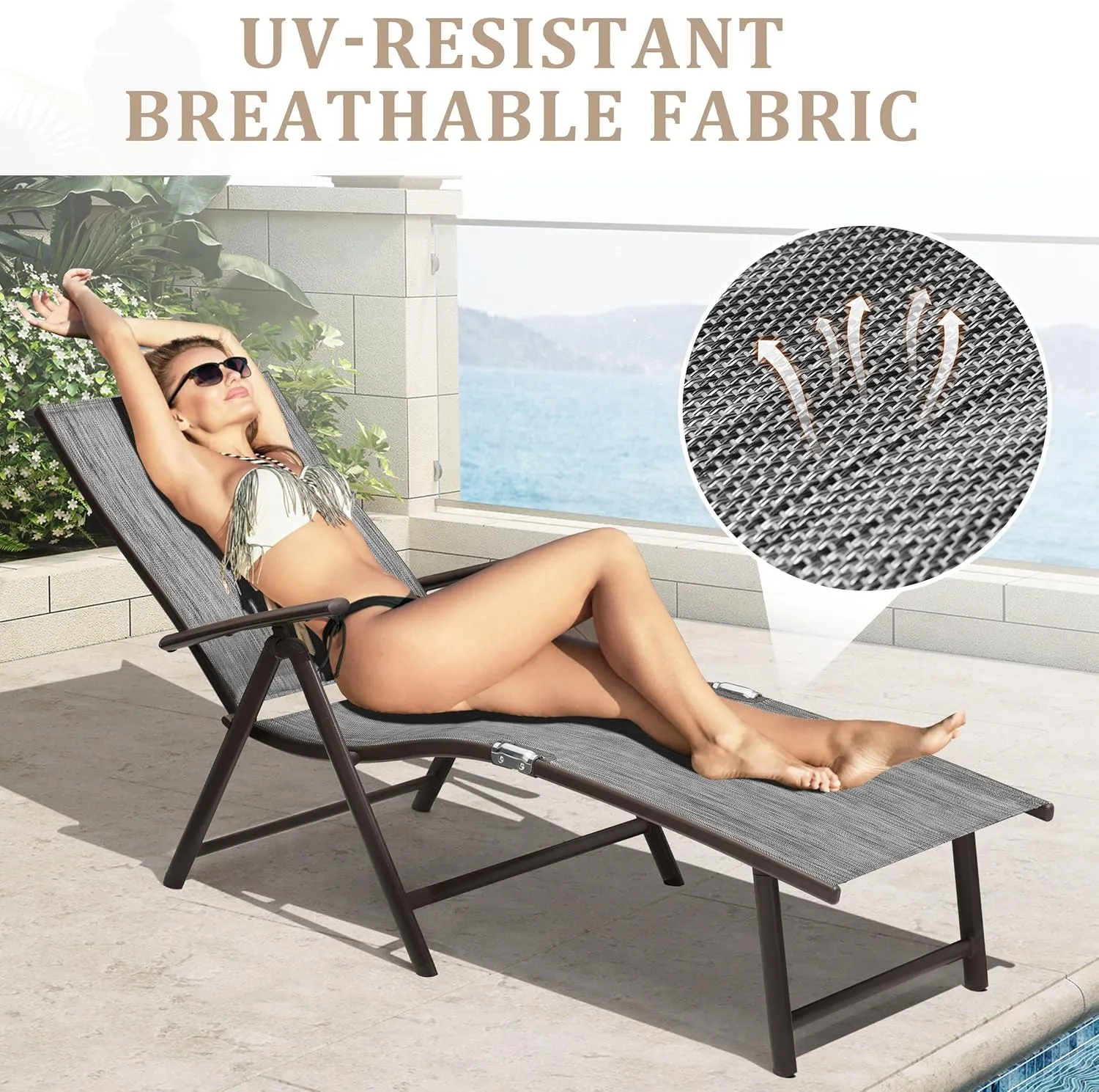 Patio Chaise Lounge Chair, Outdoor Adjustable Folding Lounge Chair, Recliner with 8 Adjustable Backrest Positions for Pool Beach Yard, Dark Gray Textliene & Brown Aluminum Frame