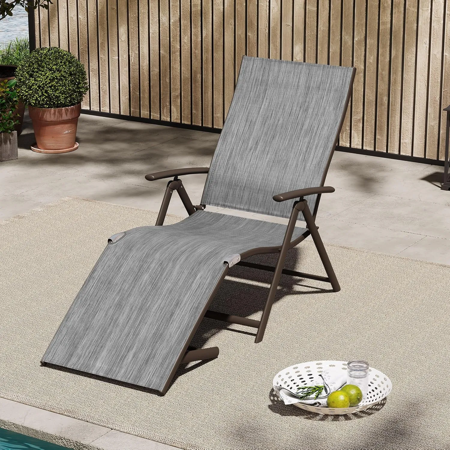 Patio Chaise Lounge Chair, Outdoor Adjustable Folding Lounge Chair, Recliner with 8 Adjustable Backrest Positions for Pool Beach Yard, Dark Gray Textliene & Brown Aluminum Frame