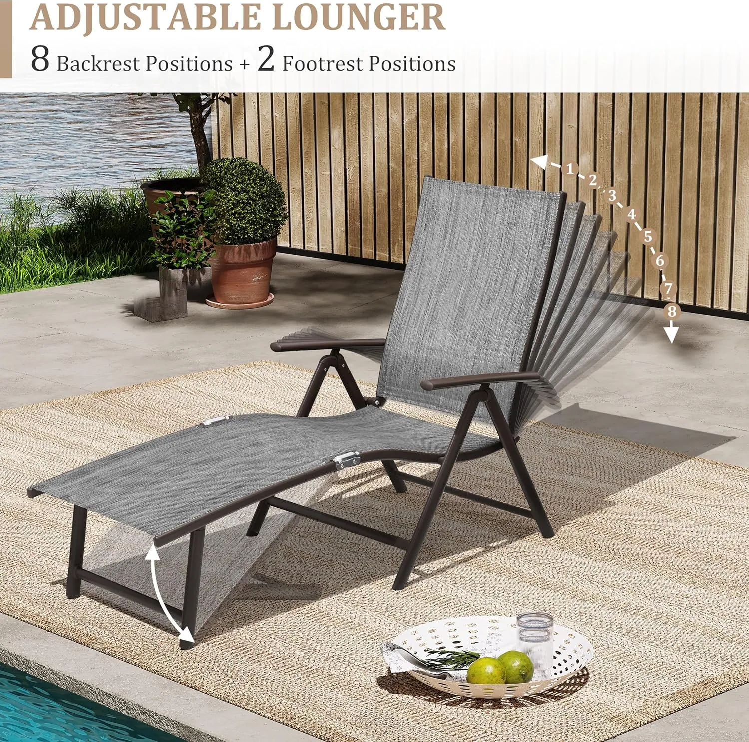 Patio Chaise Lounge Chair, Outdoor Adjustable Folding Lounge Chair, Recliner with 8 Adjustable Backrest Positions for Pool Beach Yard, Dark Gray Textliene & Brown Aluminum Frame