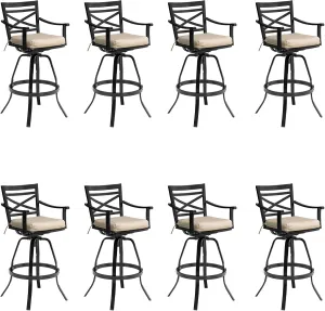 Pellebant 30" Sunbrella Outdoor Bar Stools 8 Pack, Aluminum Swivel Patio Bar Height Bar Stools with Back & Footrest, for Deck Lawn Garden(Canvas Antique Beige)