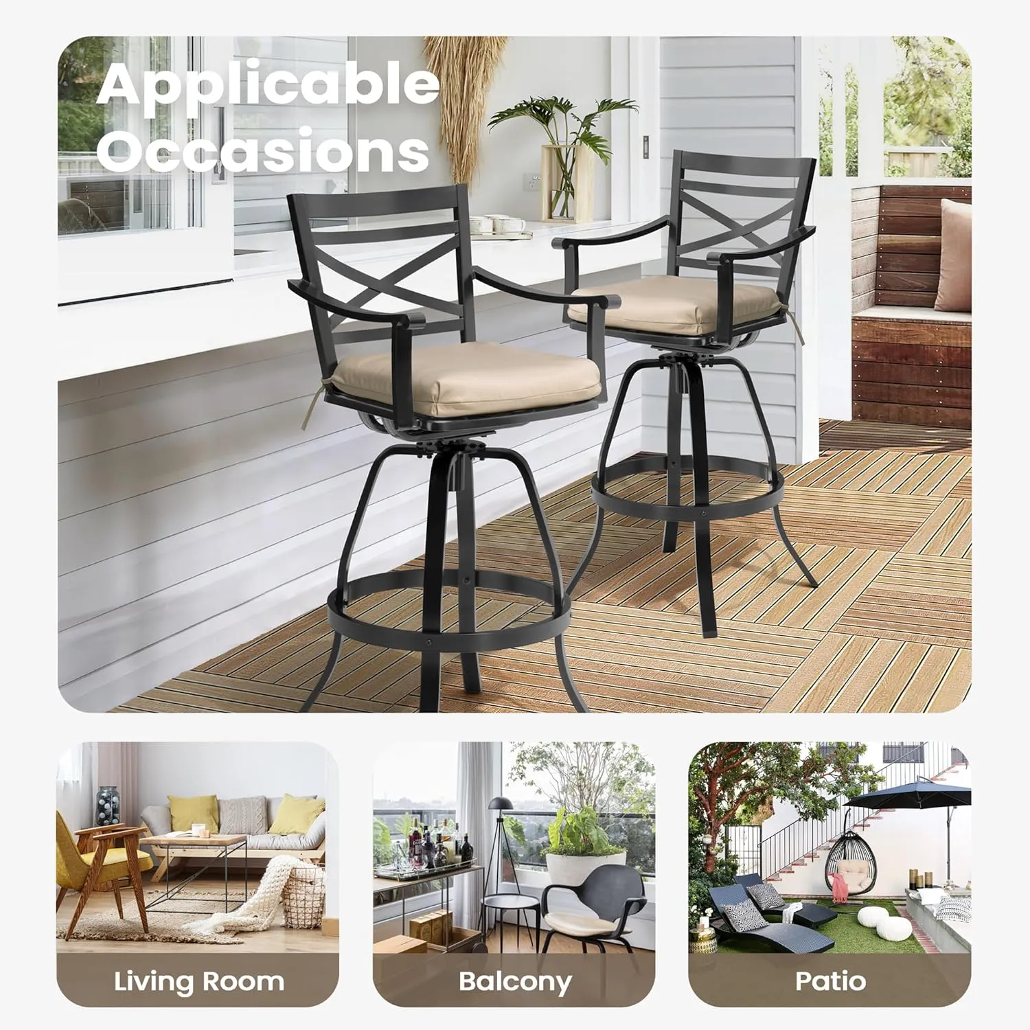 Pellebant 30" Sunbrella Outdoor Bar Stools 8 Pack, Aluminum Swivel Patio Bar Height Bar Stools with Back & Footrest, for Deck Lawn Garden(Canvas Antique Beige)