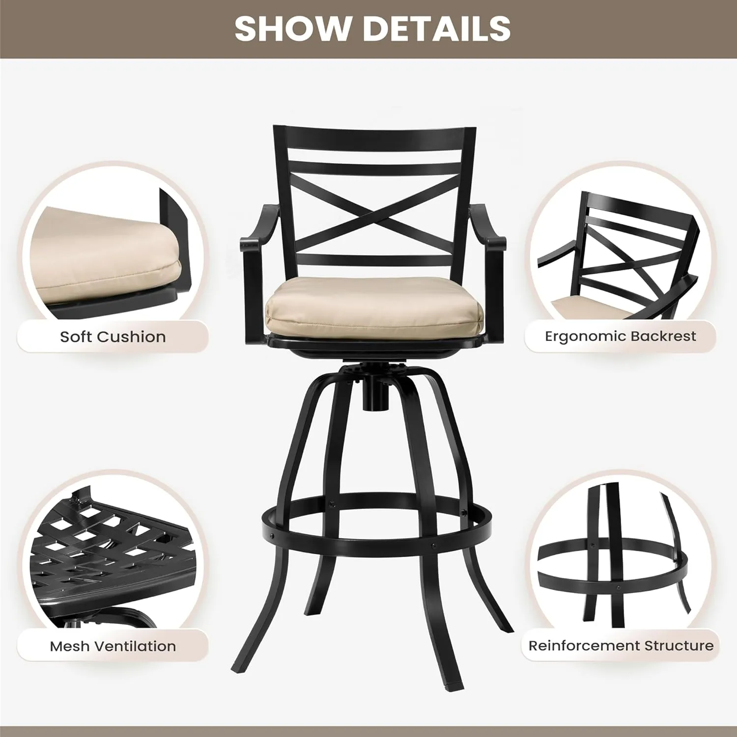 Pellebant 30" Sunbrella Outdoor Bar Stools 8 Pack, Aluminum Swivel Patio Bar Height Bar Stools with Back & Footrest, for Deck Lawn Garden(Canvas Antique Beige)