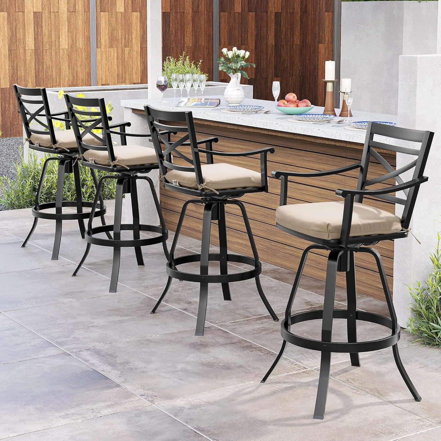 Pellebant 30" Sunbrella Outdoor Bar Stools 8 Pack, Aluminum Swivel Patio Bar Height Bar Stools with Back & Footrest, for Deck Lawn Garden(Canvas Antique Beige)
