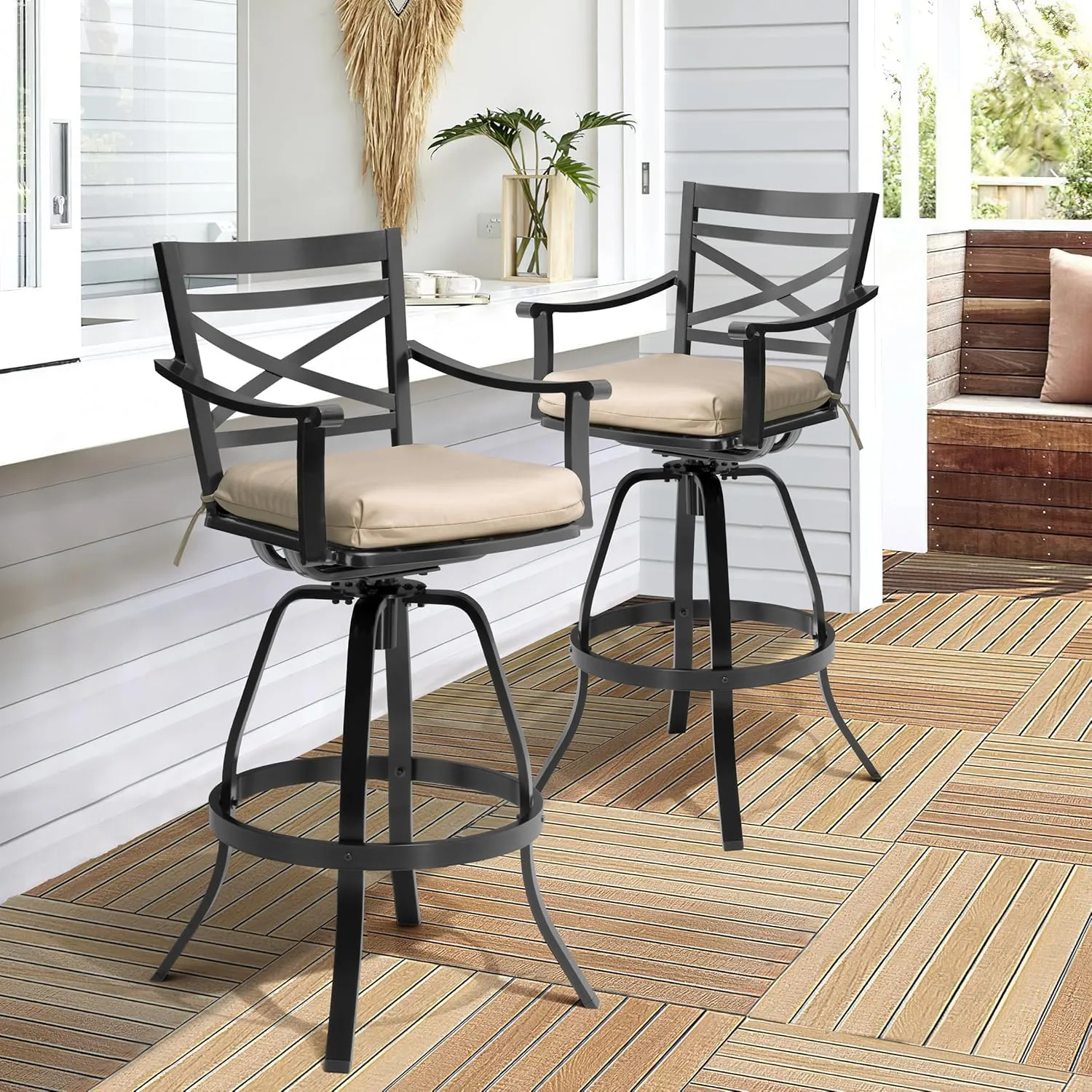 Pellebant 30" Sunbrella Outdoor Bar Stools 8 Pack, Aluminum Swivel Patio Bar Height Bar Stools with Back & Footrest, for Deck Lawn Garden(Canvas Antique Beige)