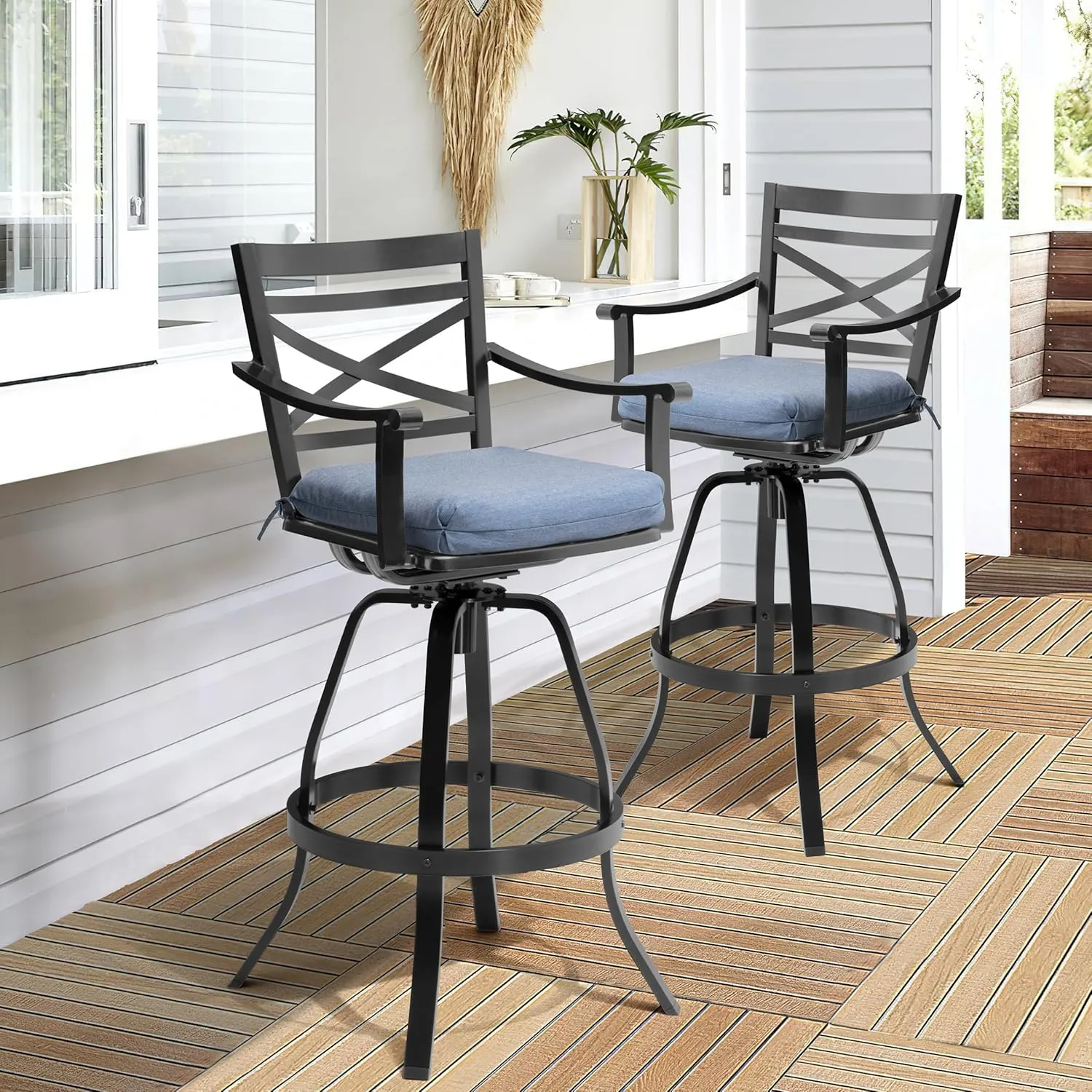 Pellebant 30" Sunbrella Outdoor Bar Stools Set of 8, Aluminum Swivel Patio Bar Height Bar Stools with Back & Footrest, for Deck Lawn Garden(Spectrum Denim)
