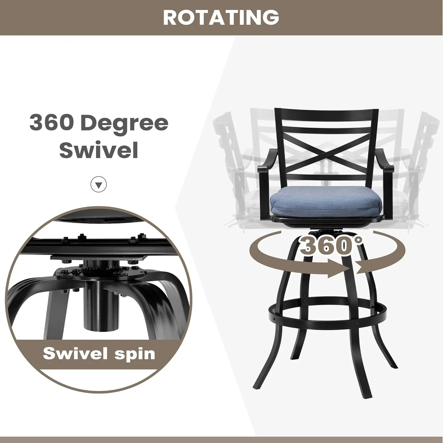 Pellebant 30" Sunbrella Outdoor Bar Stools Set of 8, Aluminum Swivel Patio Bar Height Bar Stools with Back & Footrest, for Deck Lawn Garden(Spectrum Denim)