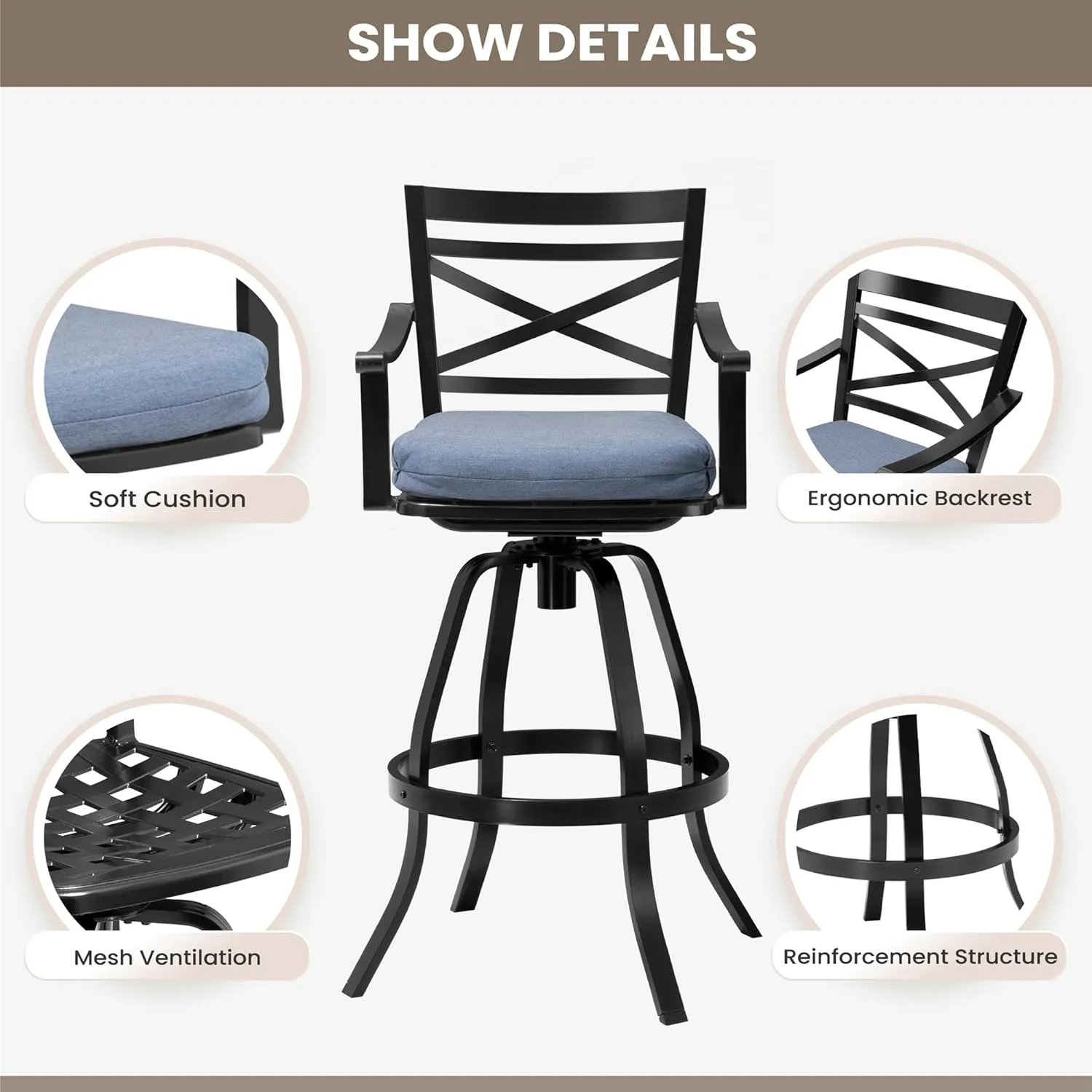 Pellebant 30" Sunbrella Outdoor Bar Stools Set of 8, Aluminum Swivel Patio Bar Height Bar Stools with Back & Footrest, for Deck Lawn Garden(Spectrum Denim)