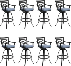 Pellebant 30" Sunbrella Outdoor Bar Stools Set of 8, Aluminum Swivel Patio Bar Height Bar Stools with Back & Footrest, for Deck Lawn Garden(Spectrum Denim)