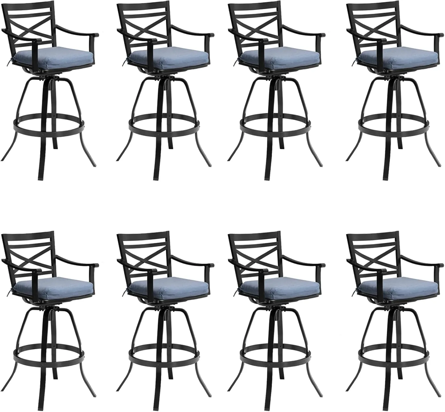Pellebant 30" Sunbrella Outdoor Bar Stools Set of 8, Aluminum Swivel Patio Bar Height Bar Stools with Back & Footrest, for Deck Lawn Garden(Spectrum Denim)