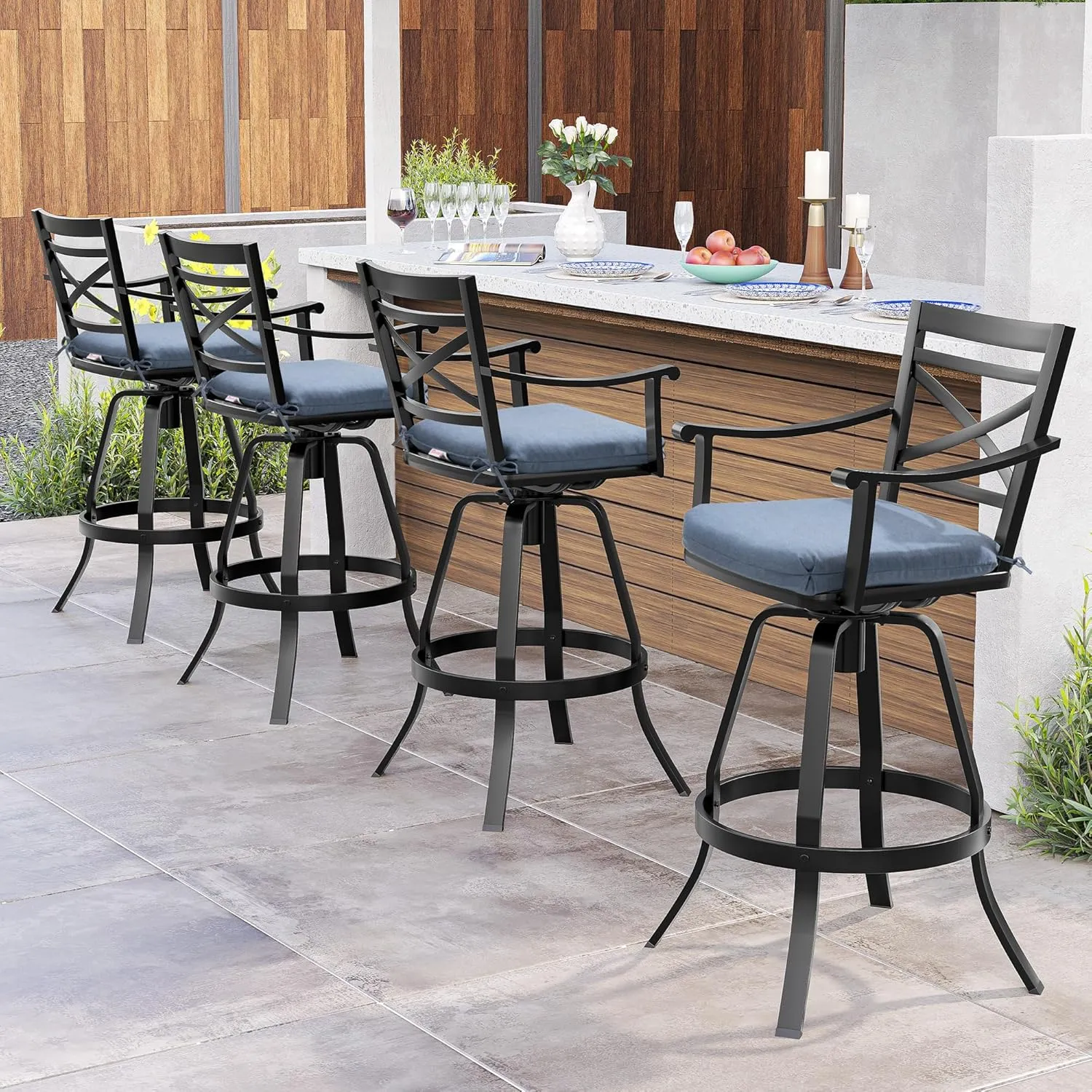 Pellebant 30" Sunbrella Outdoor Bar Stools Set of 8, Aluminum Swivel Patio Bar Height Bar Stools with Back & Footrest, for Deck Lawn Garden(Spectrum Denim)