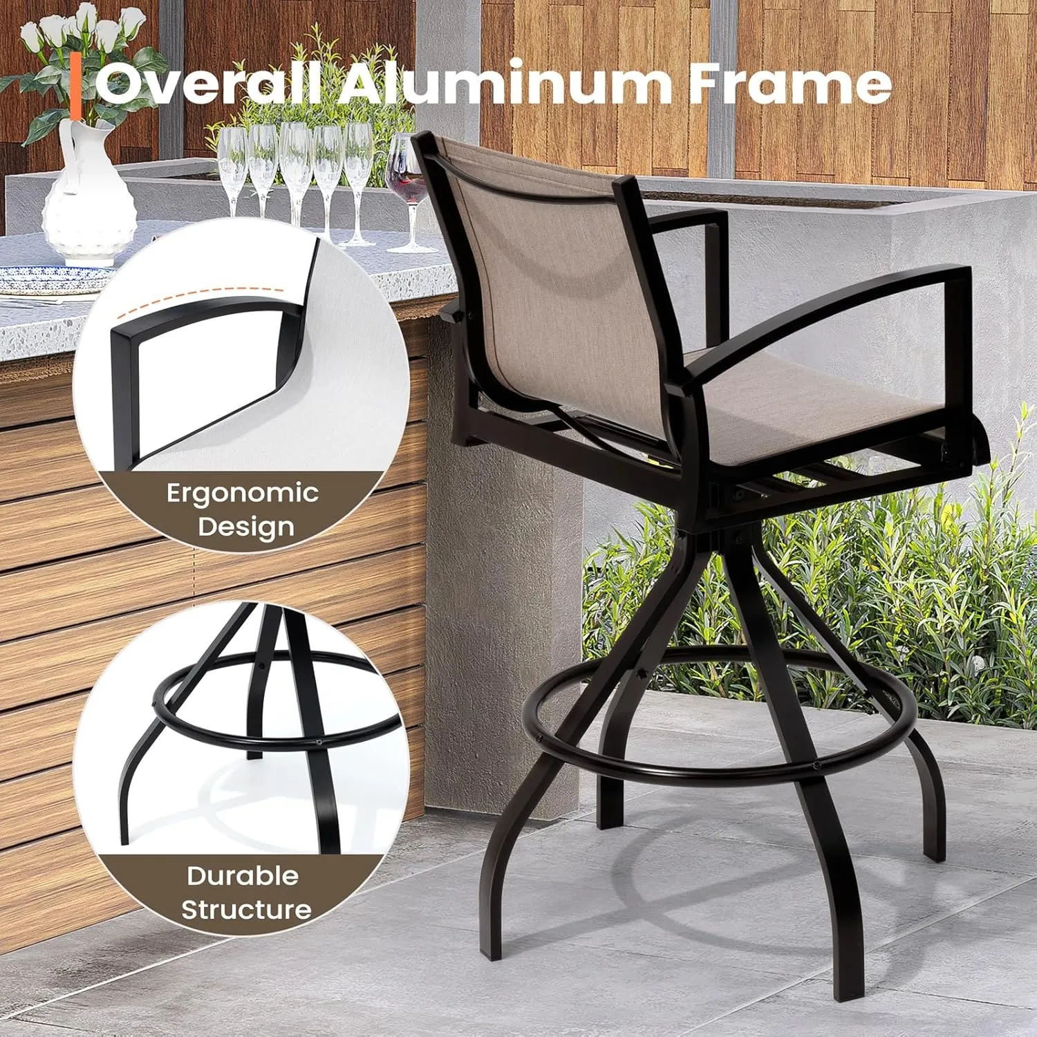 Pellebant Sunbrella Outdoor Swivel Bar Stools Set of 2-28.3" H Aluminum Bar Height Bar Stools with High Arms Backs, All Weather Bar Chairs for Patio, Pool, Garden, Backyard (Ashes)
