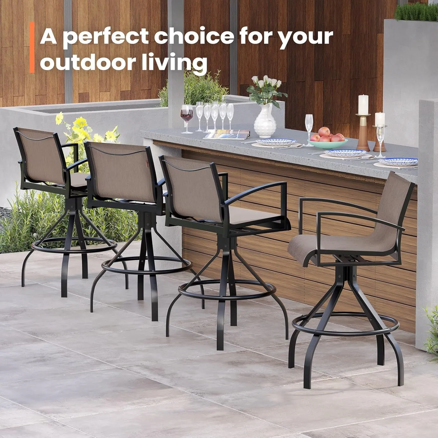 Pellebant Sunbrella Outdoor Swivel Bar Stools Set of 2-28.3" H Aluminum Bar Height Bar Stools with High Arms Backs, All Weather Bar Chairs for Patio, Pool, Garden, Backyard (Ashes)