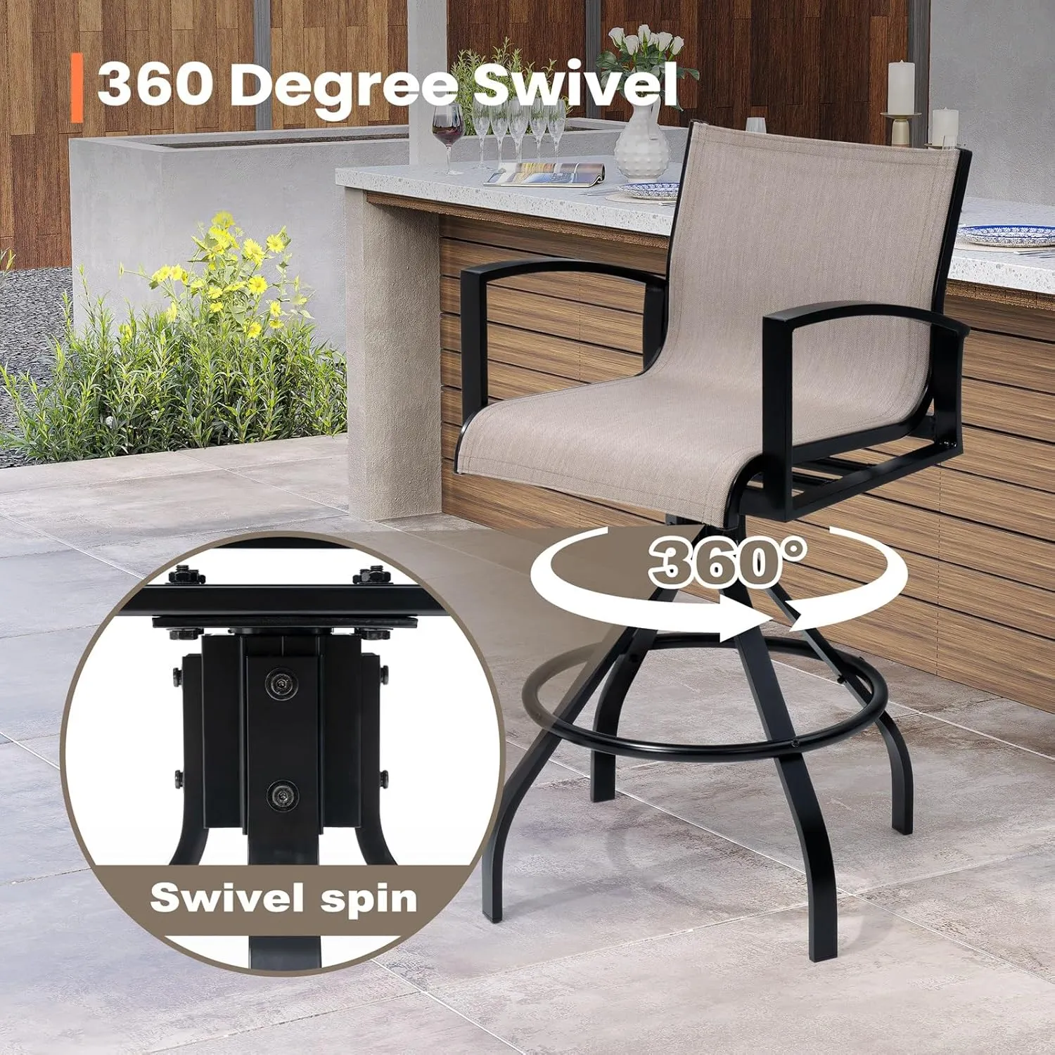 Pellebant Sunbrella Outdoor Swivel Bar Stools Set of 2-28.3" H Aluminum Bar Height Bar Stools with High Arms Backs, All Weather Bar Chairs for Patio, Pool, Garden, Backyard (Ashes)