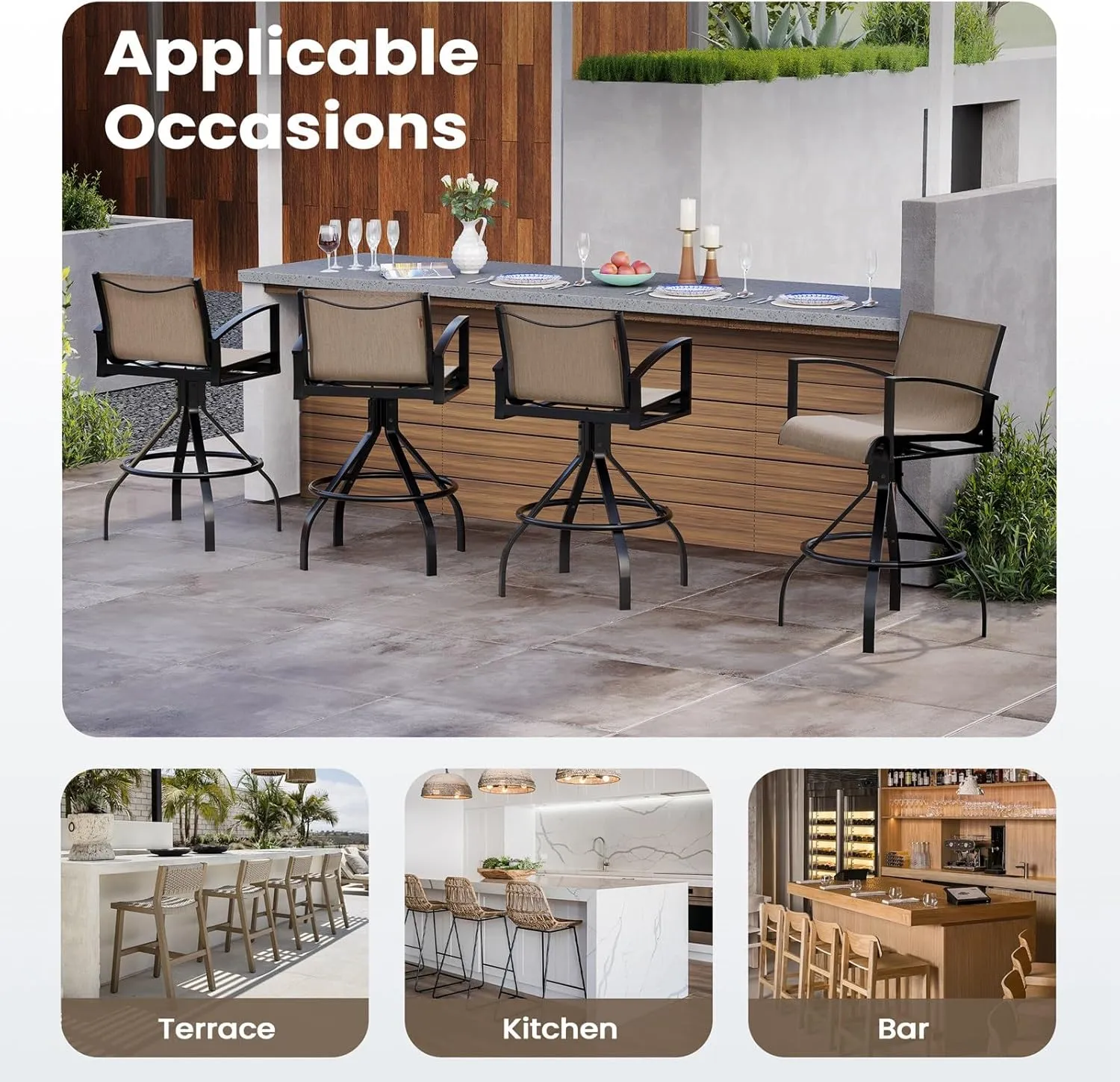 Pellebant Sunbrella Outdoor Swivel Bar Stools Set of 2-28.3" H Aluminum Bar Height Bar Stools with High Arms Backs, All Weather Bar Chairs for Patio, Pool, Garden, Backyard (Ashes)