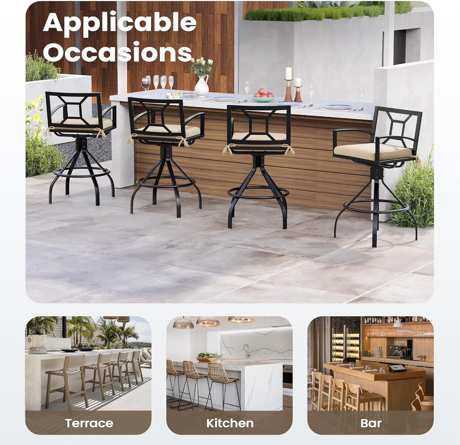 Pellebant Sunbrella Outdoor Swivel Bar Stools Set of 8 - Aluminum Swivel Patio Barstools with Footrest and Armrests, Cast Aluminum Patio High Chair Bistro Set (Canvas Antique Beige)