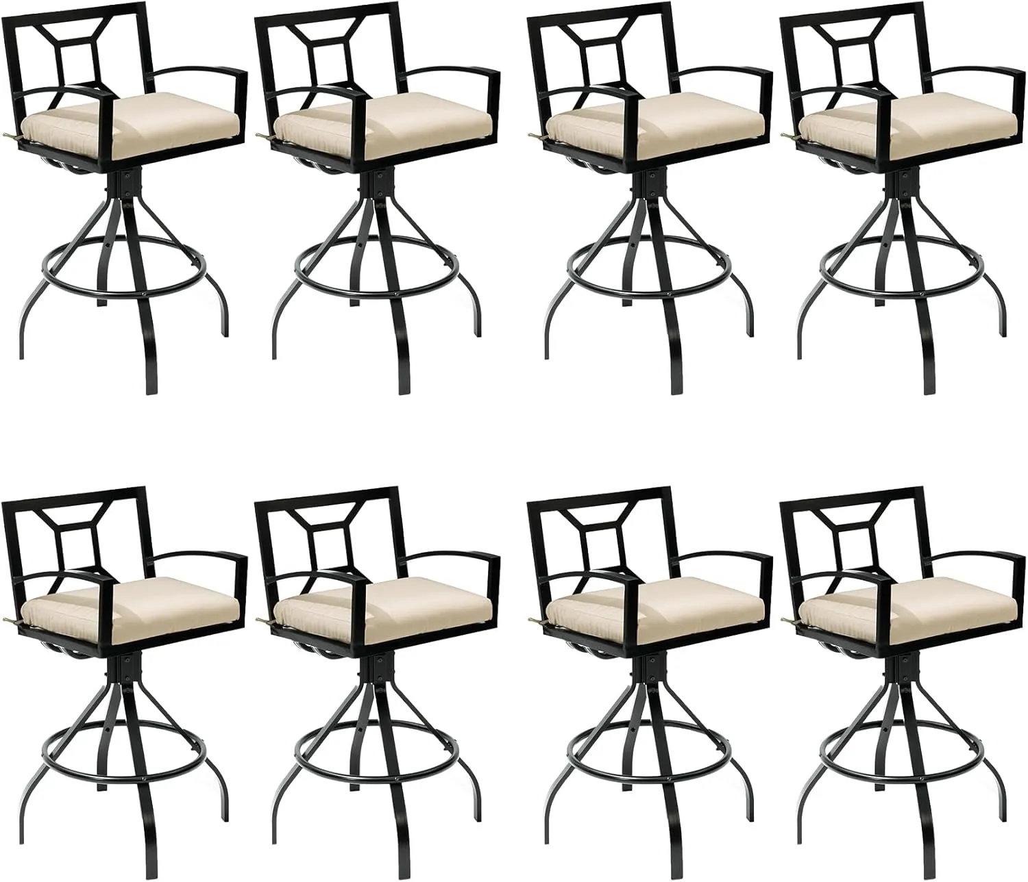 Pellebant Sunbrella Outdoor Swivel Bar Stools Set of 8 - Aluminum Swivel Patio Barstools with Footrest and Armrests, Cast Aluminum Patio High Chair Bistro Set (Canvas Antique Beige)