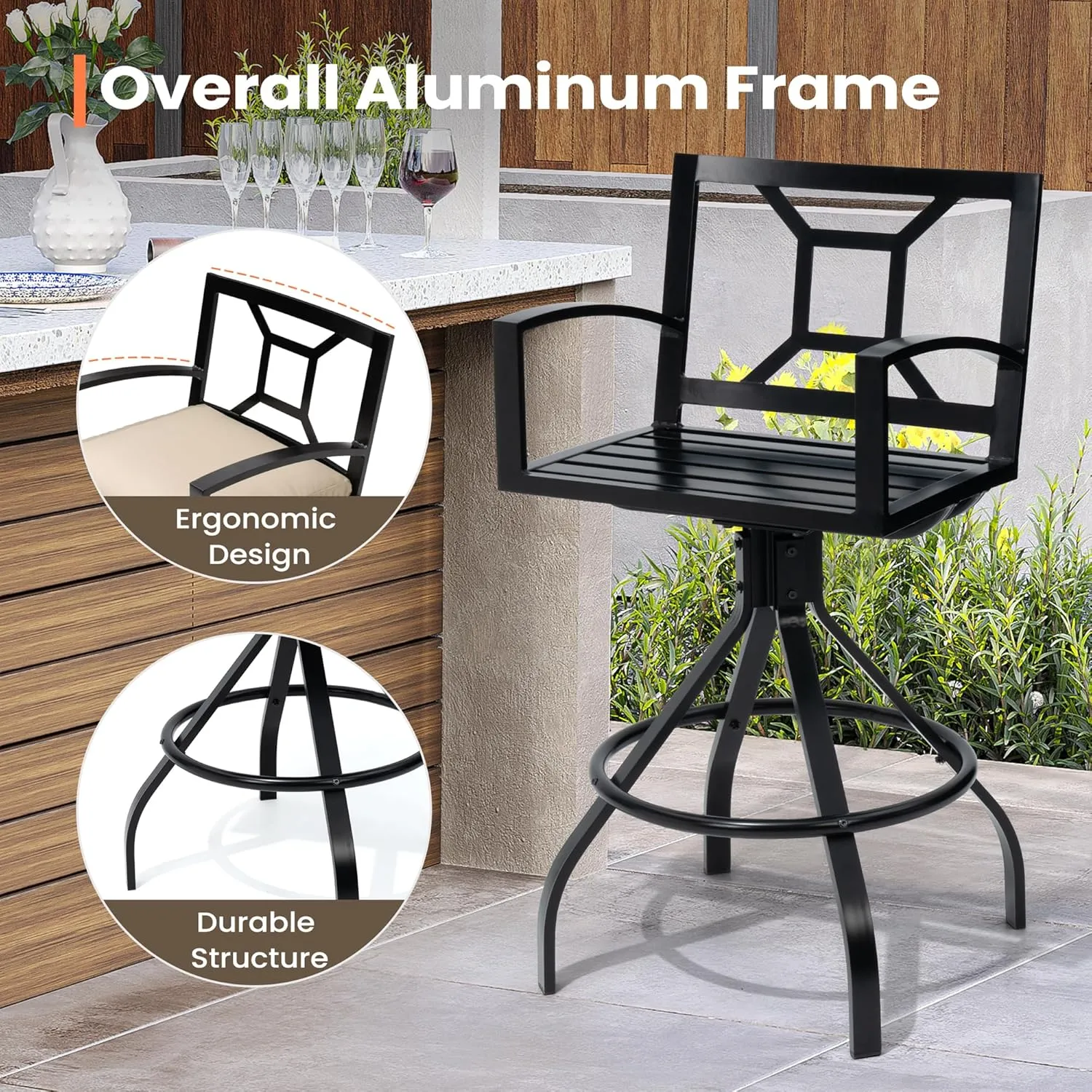 Pellebant Sunbrella Outdoor Swivel Bar Stools Set of 8 - Aluminum Swivel Patio Barstools with Footrest and Armrests, Cast Aluminum Patio High Chair Bistro Set (Canvas Antique Beige)