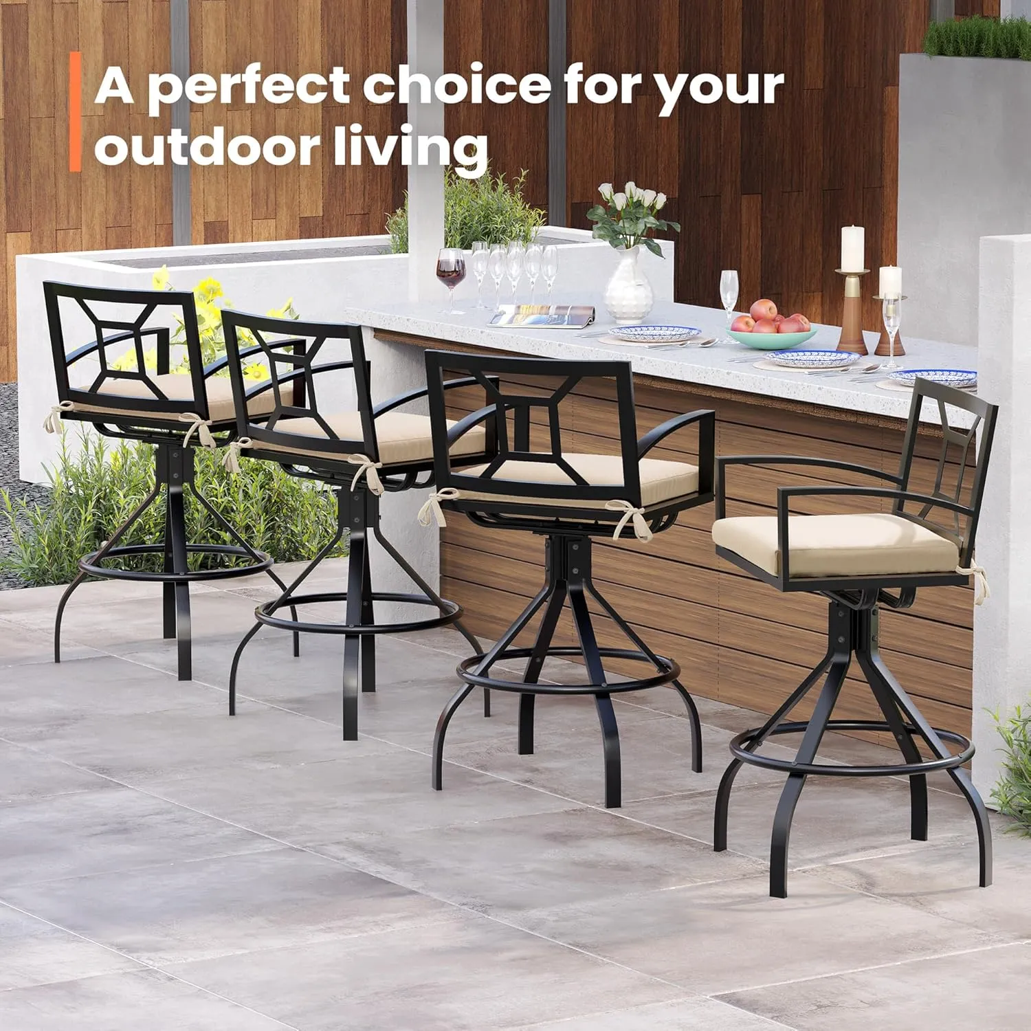 Pellebant Sunbrella Outdoor Swivel Bar Stools Set of 8 - Aluminum Swivel Patio Barstools with Footrest and Armrests, Cast Aluminum Patio High Chair Bistro Set (Canvas Antique Beige)