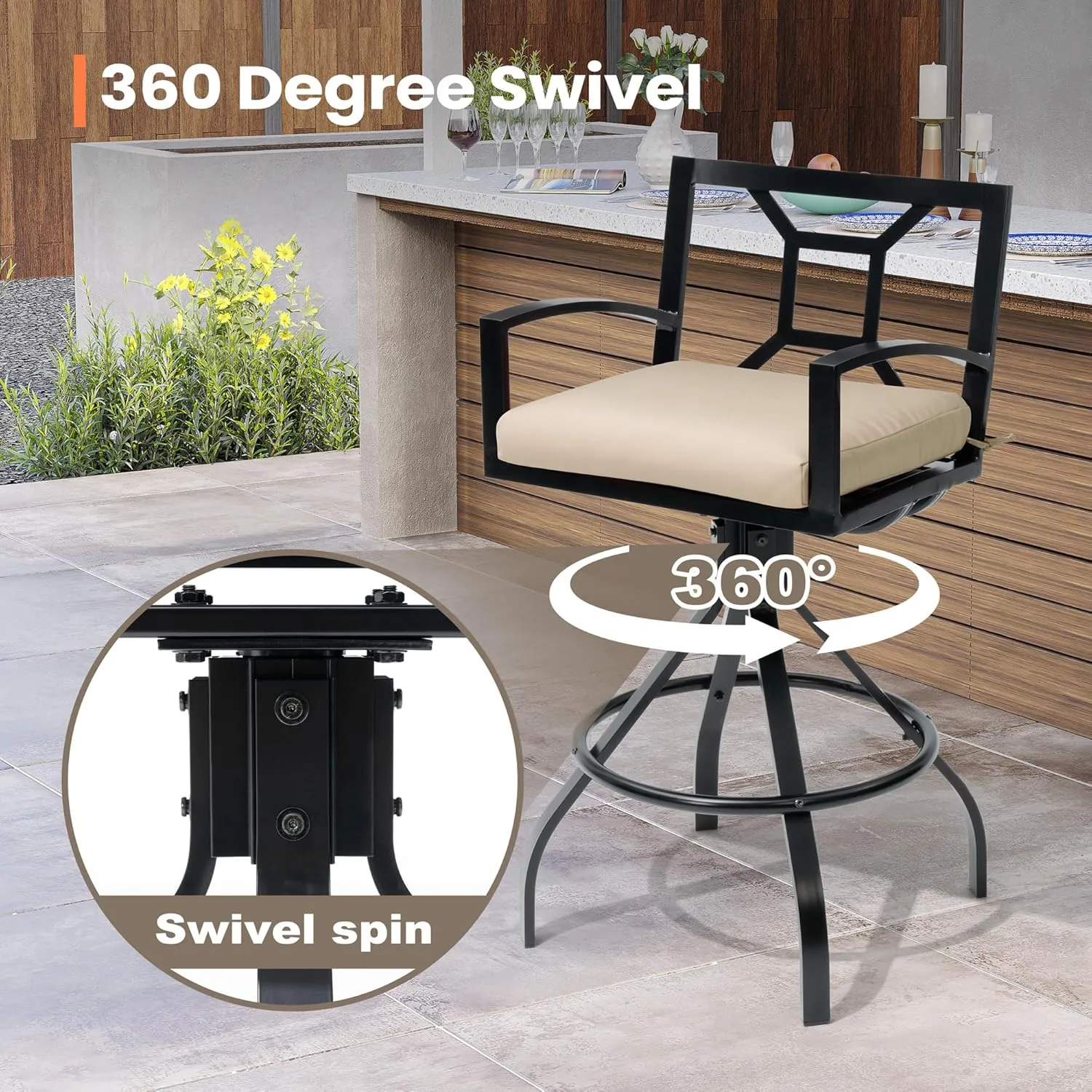 Pellebant Sunbrella Outdoor Swivel Bar Stools Set of 8 - Aluminum Swivel Patio Barstools with Footrest and Armrests, Cast Aluminum Patio High Chair Bistro Set (Canvas Antique Beige)