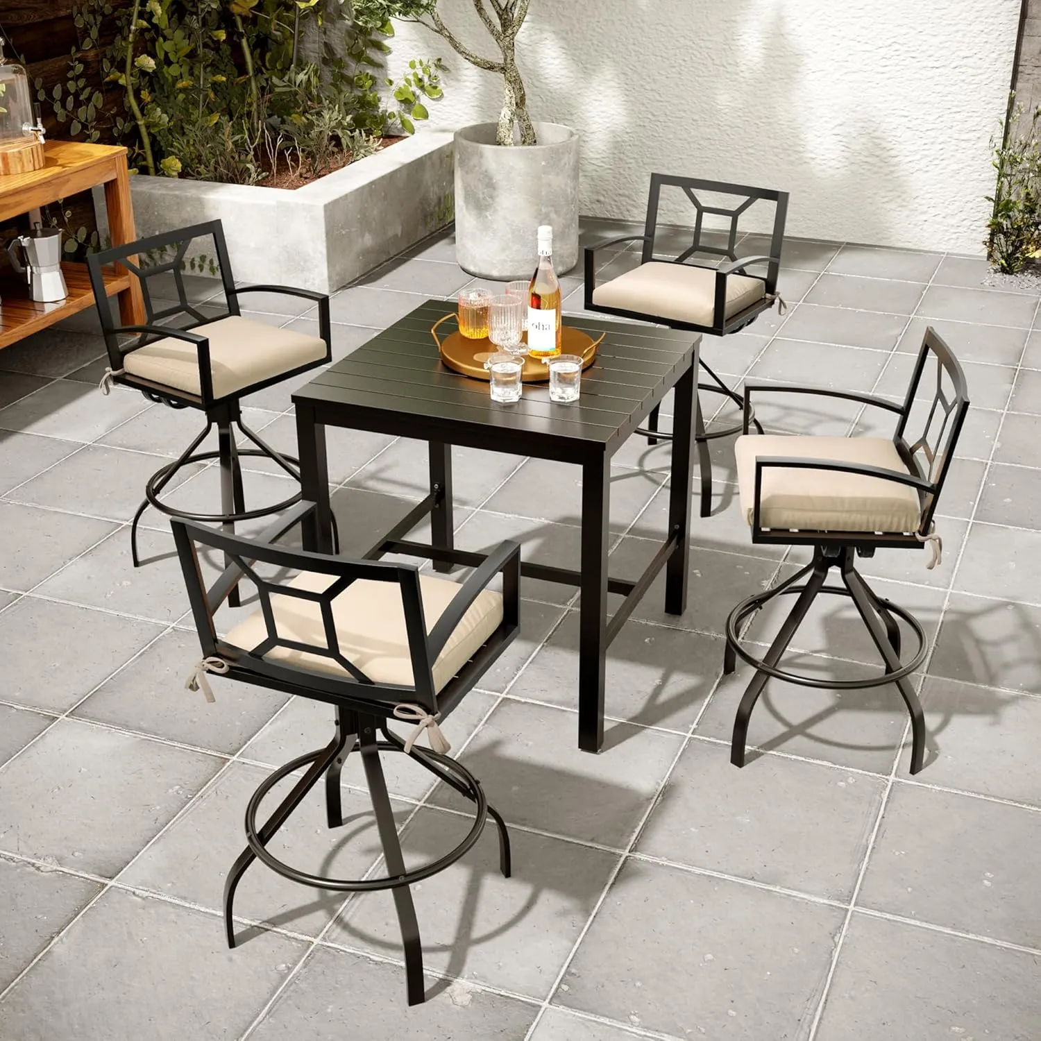 Pellebant Sunbrella Outdoor Swivel Bar Stools Set of 8 - Aluminum Swivel Patio Barstools with Footrest and Armrests, Cast Aluminum Patio High Chair Bistro Set (Canvas Antique Beige)