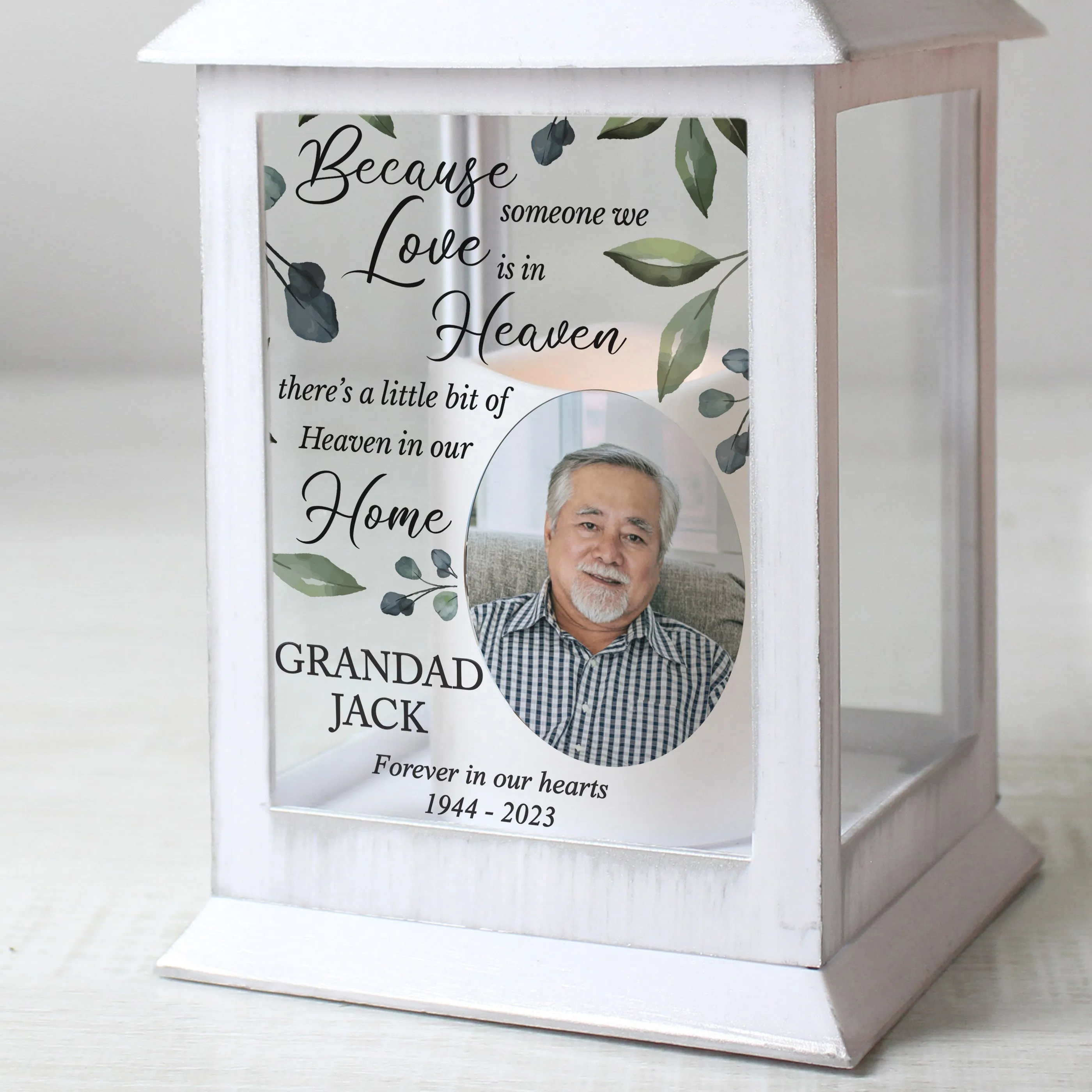Personalised Botanical Memorial Photo Upload White Lantern