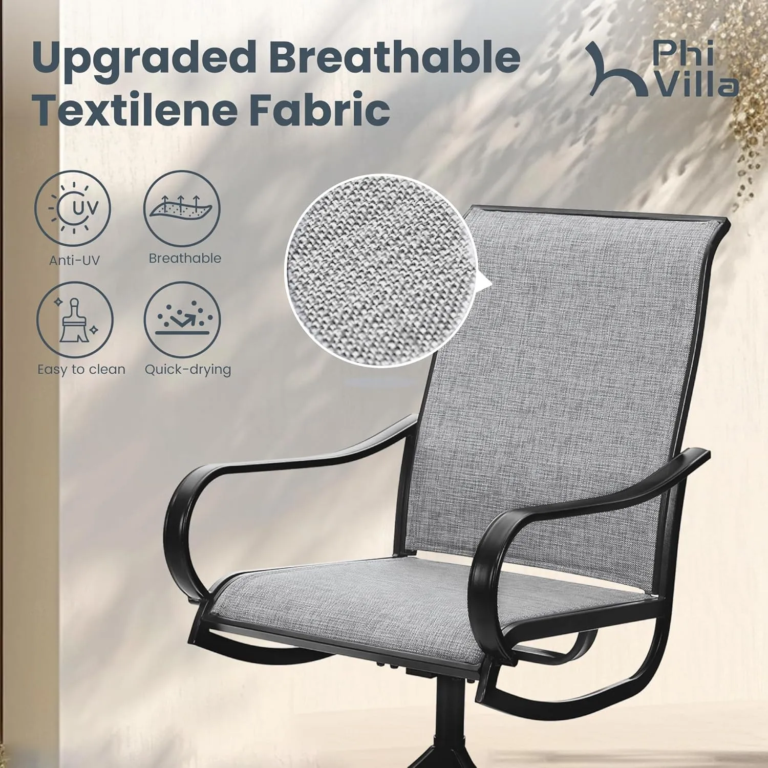 PHI VILLA Patio Swivel Dining Chairs Set of 6, Outdoor Chair with Textilene Mesh Fabric & Black Metal Frame for All Weather Outdoor Lawn Garden Poolside (Gray)