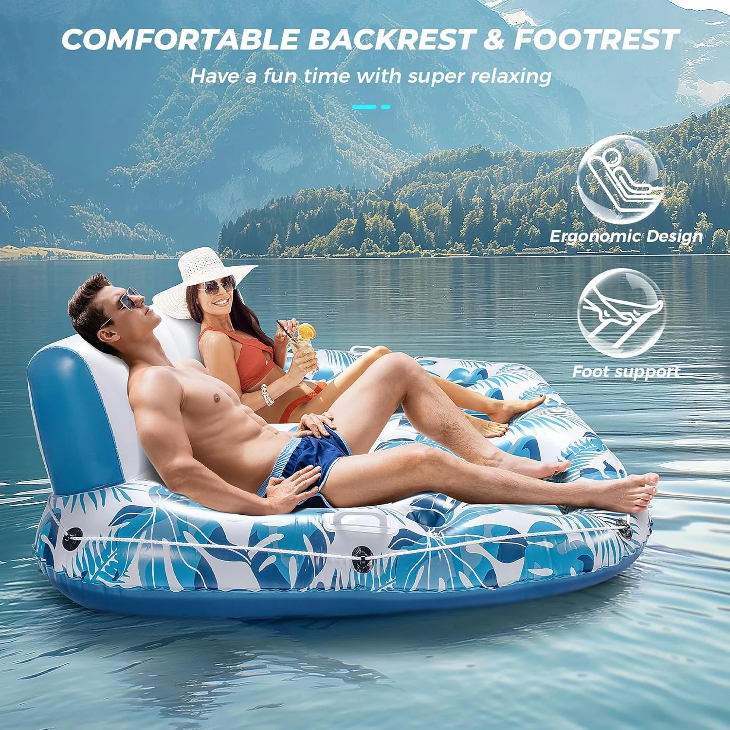 Pool Lounger Floats, Inflatable Pool Floaties Rafts Adult Extra Large Recliner Tanning Lounge Chair Water Floaty with Backrest Footrest Cup Holder for Swimming Pool Beach Lake and Vacation