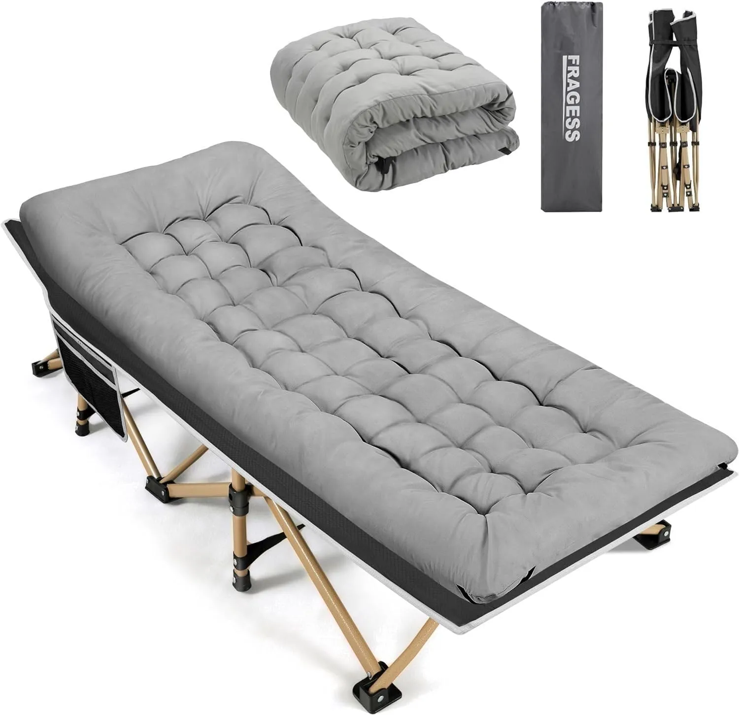 Portable Folding Camping Cot with Mattress Pad, Heavy Duty Outdoor Bed, Storage Bag, Gray