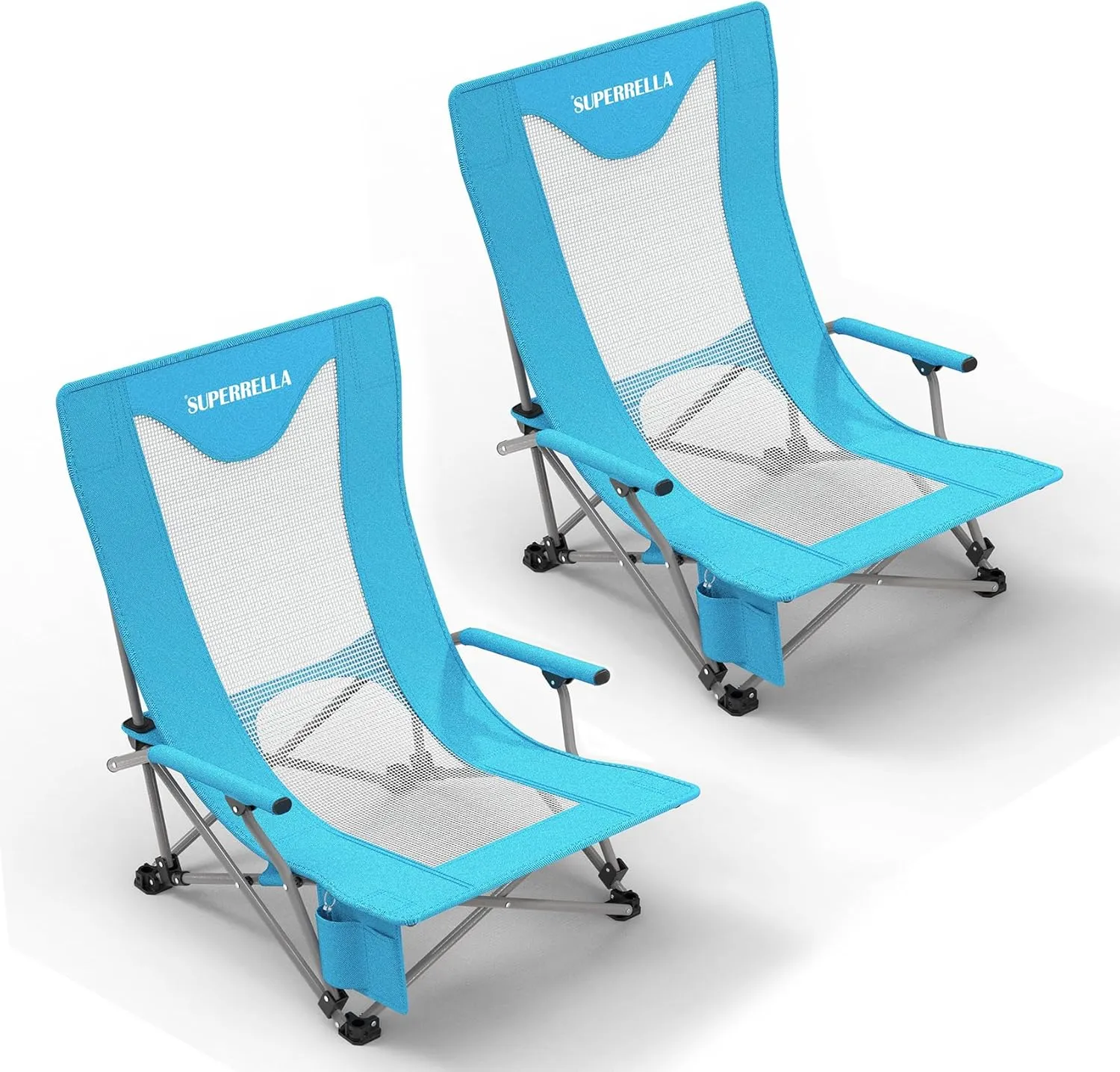 Portable Low Beach Chair for Adults with Cup Holder Hard Arm Folding Lawn Chairs for Outdoor Activities, Blue, Support 400 lbs