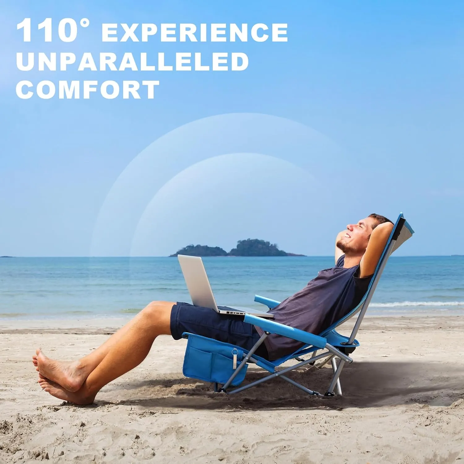 Portable Low Beach Chair for Adults with Cup Holder Hard Arm Folding Lawn Chairs for Outdoor Activities, Blue, Support 400 lbs