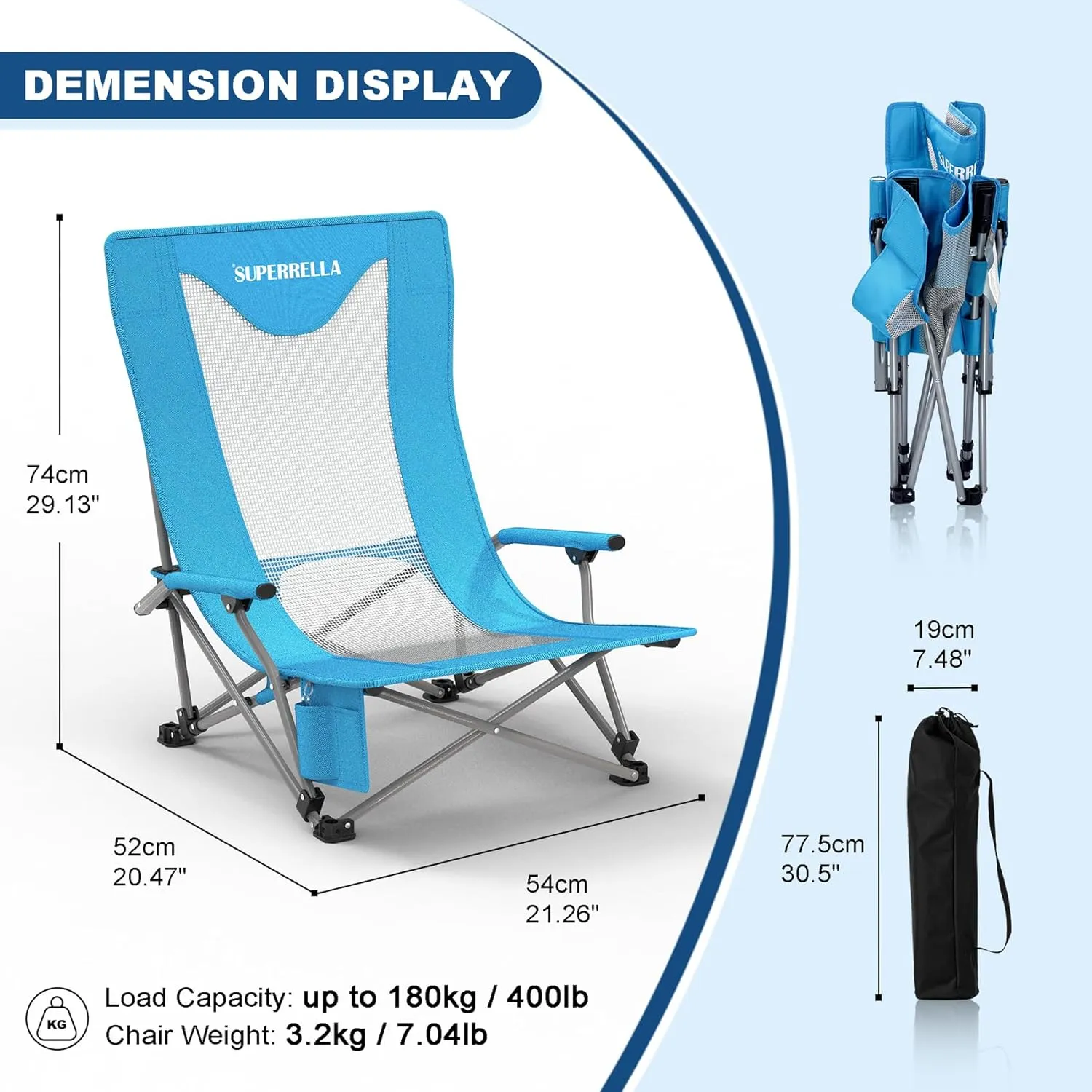 Portable Low Beach Chair for Adults with Cup Holder Hard Arm Folding Lawn Chairs for Outdoor Activities, Blue, Support 400 lbs