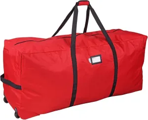 Primode Christmas Rolling Tree Storage Bag, Fits Up to 7.5 Ft. Tall Disassembled Holiday Trees, 22" H X 16" W X 50" L, Large Heavy Duty Storage Container with 2 Wheels and Handles (Red)