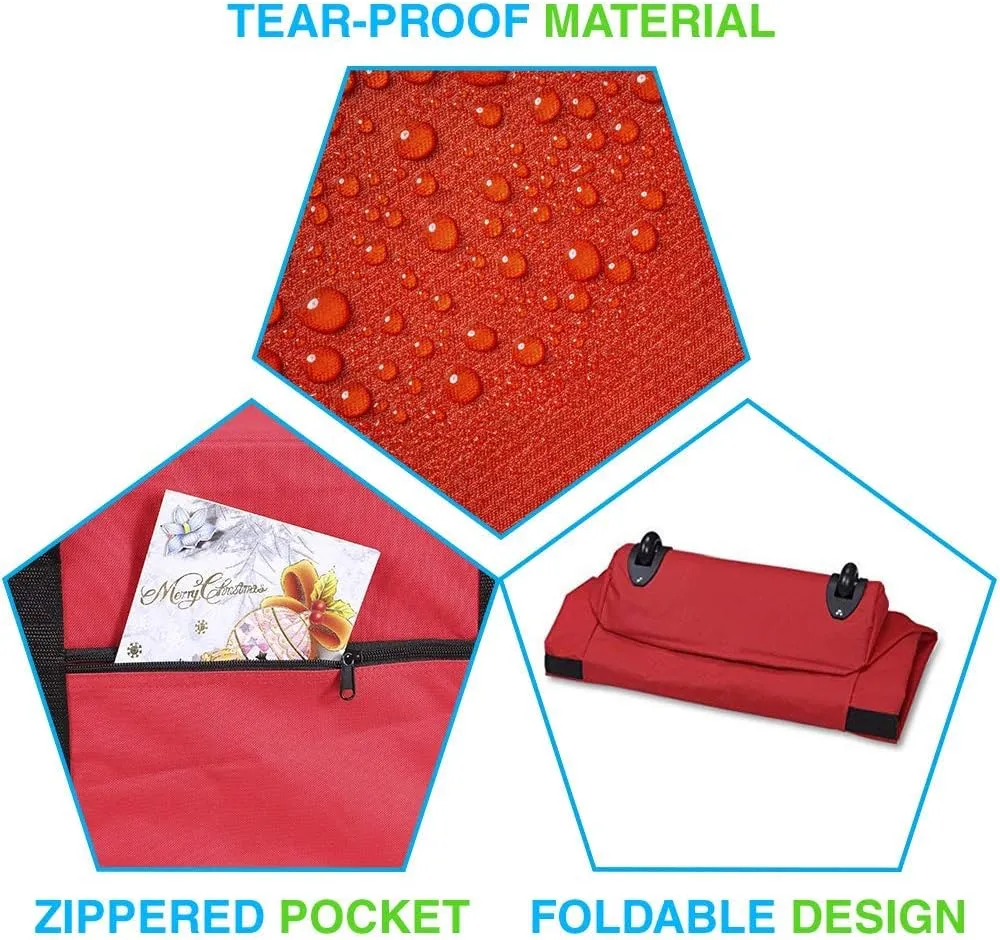 Primode Christmas Rolling Tree Storage Bag, Fits Up to 7.5 Ft. Tall Disassembled Holiday Trees, 22" H X 16" W X 50" L, Large Heavy Duty Storage Container with 2 Wheels and Handles (Red)
