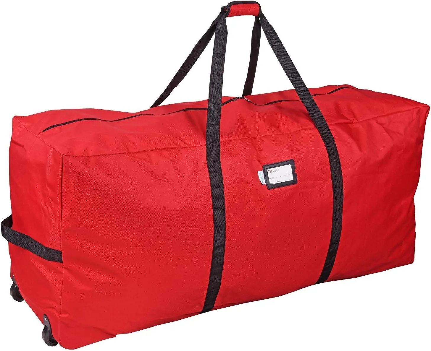 Primode Christmas Rolling Tree Storage Bag, Fits Up to 7.5 Ft. Tall Disassembled Holiday Trees, 22" H X 16" W X 50" L, Large Heavy Duty Storage Container with 2 Wheels and Handles (Red)