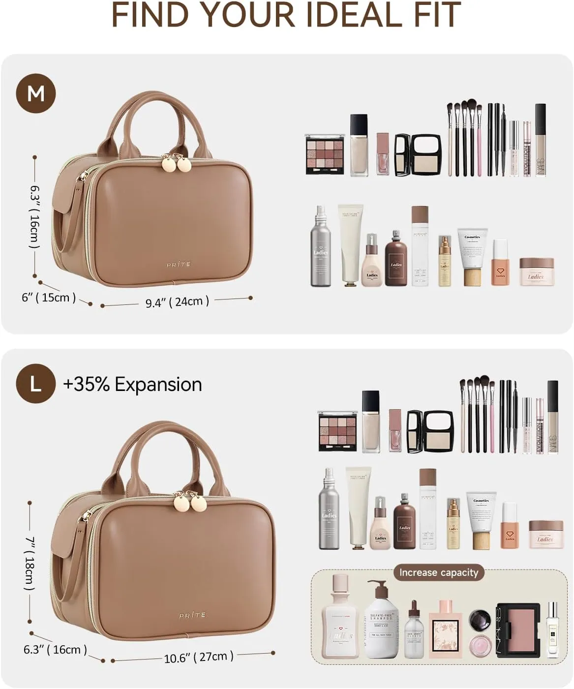 Prite Makeup Bag for Women, Large Capacity Waterproof Travel Cosmetic Organizer, Portable Open Flat Toiletry Bag with Free-standing Brush Holder and Handle(Brown Large)