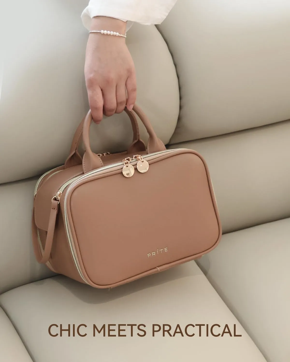 Prite Makeup Bag for Women, Large Capacity Waterproof Travel Cosmetic Organizer, Portable Open Flat Toiletry Bag with Free-standing Brush Holder and Handle(Brown Large)