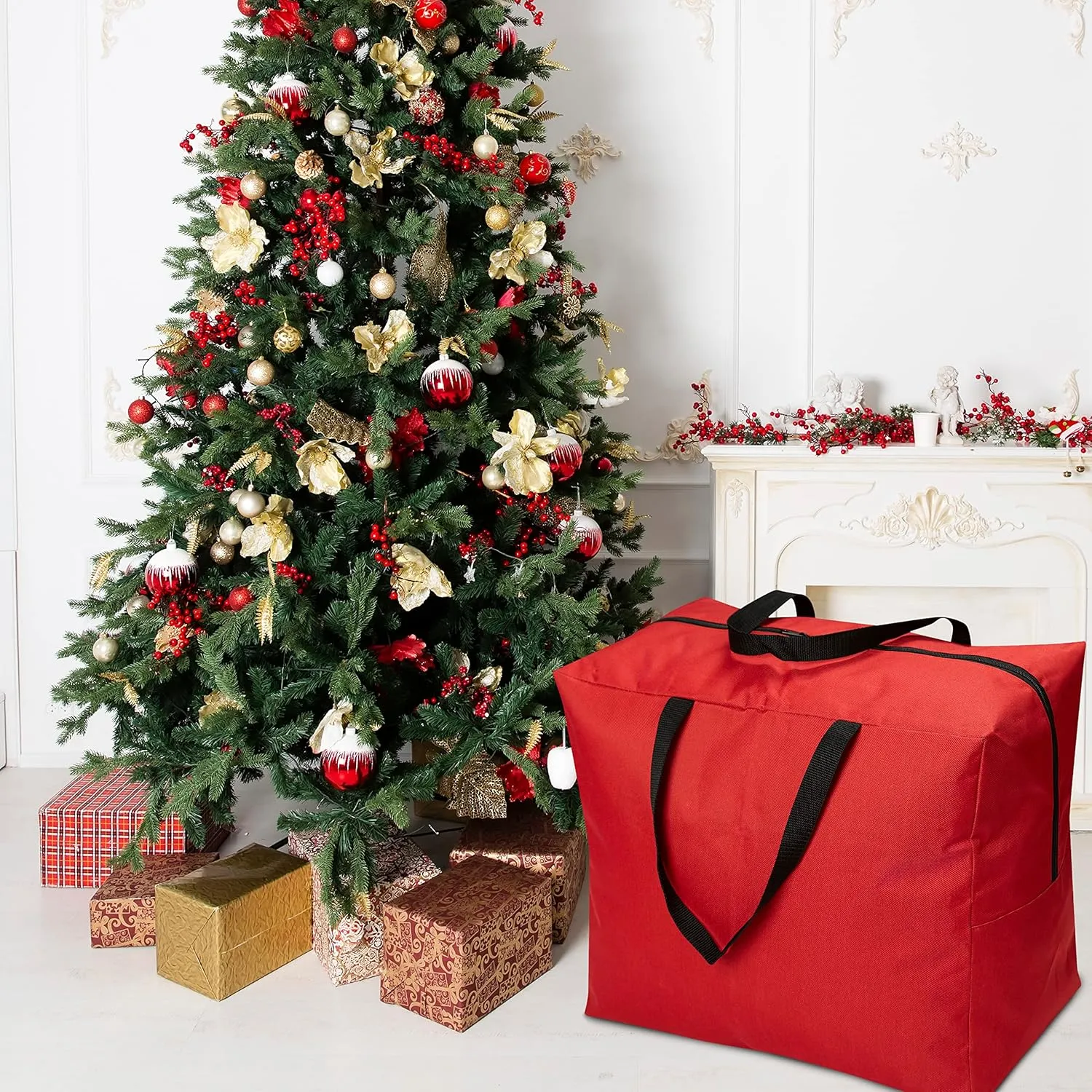ProPik Holiday Ornaments Accessories Storage Bag Tear-proof Polyester Material 15” X 9.8” X 18.1” With Handles And Full Length Zipper (Red)