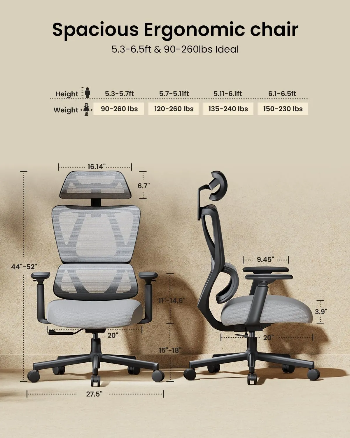 ProtoArc Ergonomic Office Chair, EC100 Big and Tall Mesh Computer Desk Chair with 30% Thicker Saddle Shaped Spring Cushion, Lumbar Support, Adjustable Headrest, Armrest for Home and Office - Gray
