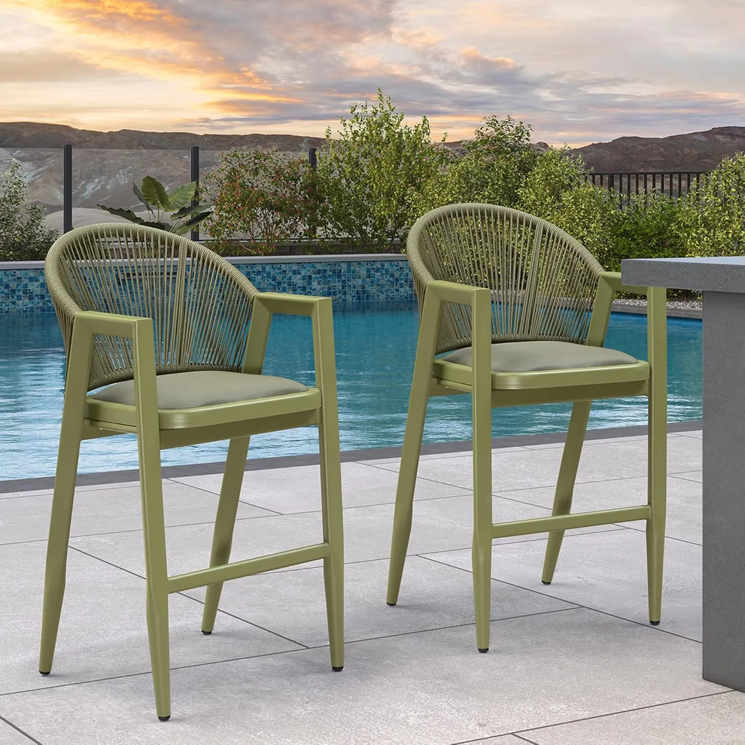 PURPLE LEAF Outdoor Bar Stools Set of 2 - Wicker Woven Height Chairs, Aluminum Barstool for Patio Kitchen Island Lawn, Green