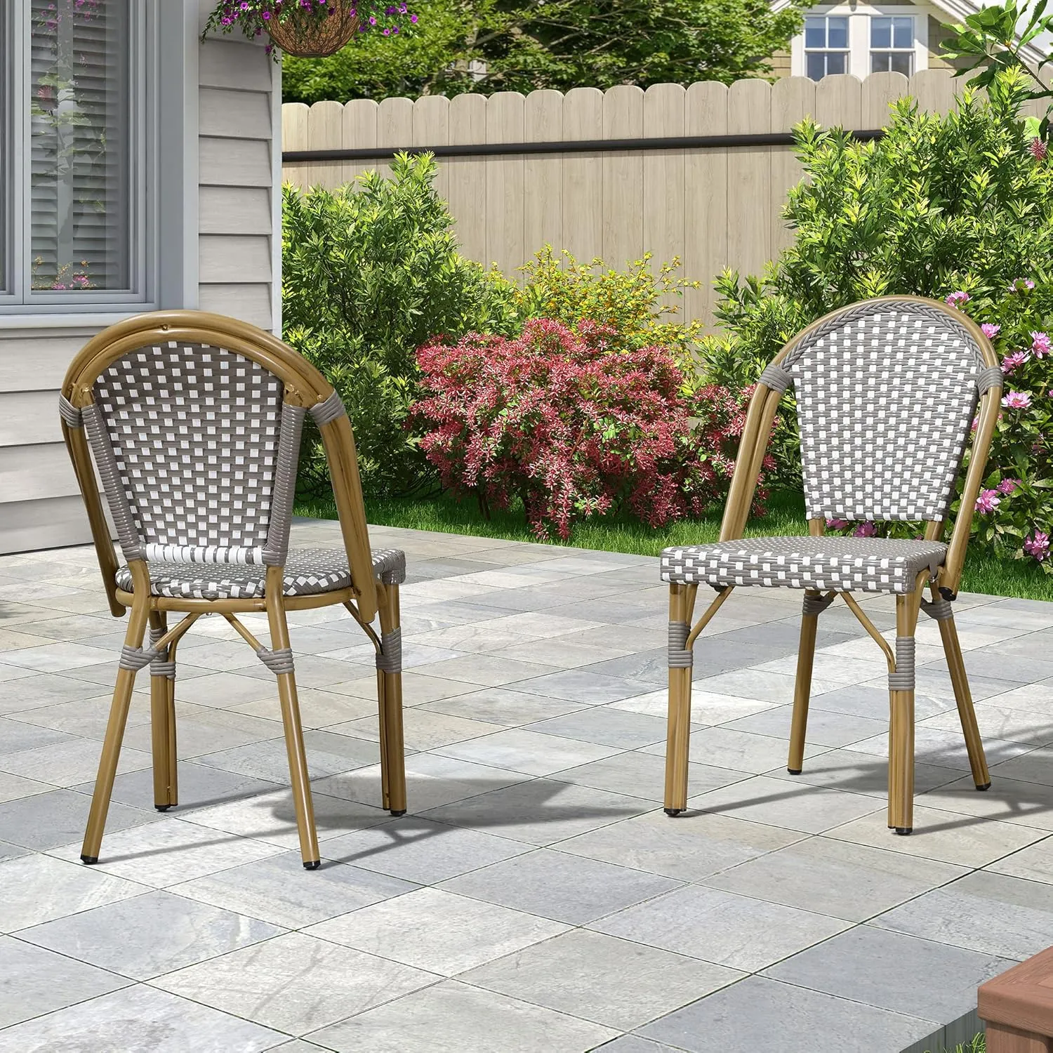 PURPLE LEAF Outdoor Dining Chair Set of 4 Aluminum Rattan Chairs for Outdoor Garden Backyard Bamboo Print Finish Patio Chairs Grey French Bistro Chairs