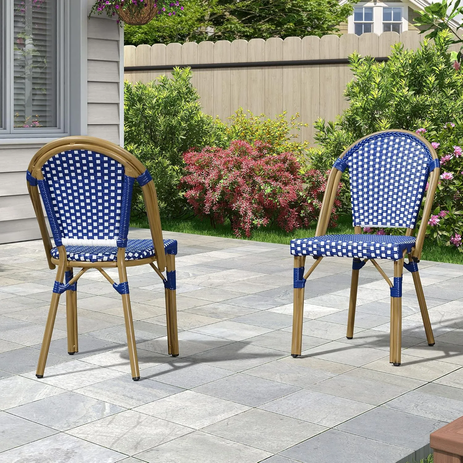 PURPLE LEAF Outdoor Dining Chair Set of 4 Aluminum Wicker Chairs for Kitchen Backyard Porch Bamboo Print Finish Patio Chairs Deep Blue French Bistro Chairs
