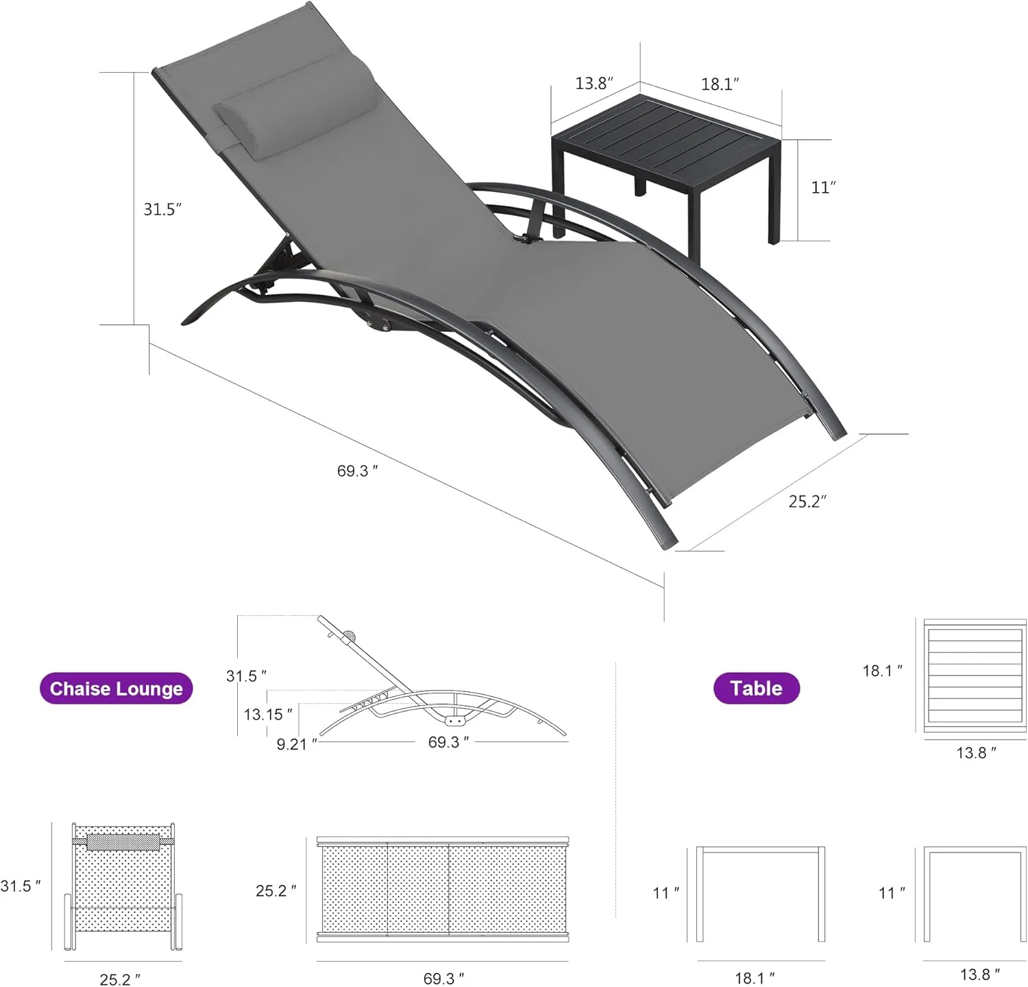 PURPLE LEAF Patio Chaise Lounge Chair Set with 2 Side Table Outdoor Pool Adjustable Recliner Chairs for Outside Beach Poolside Sunbathing Tanning Lounger